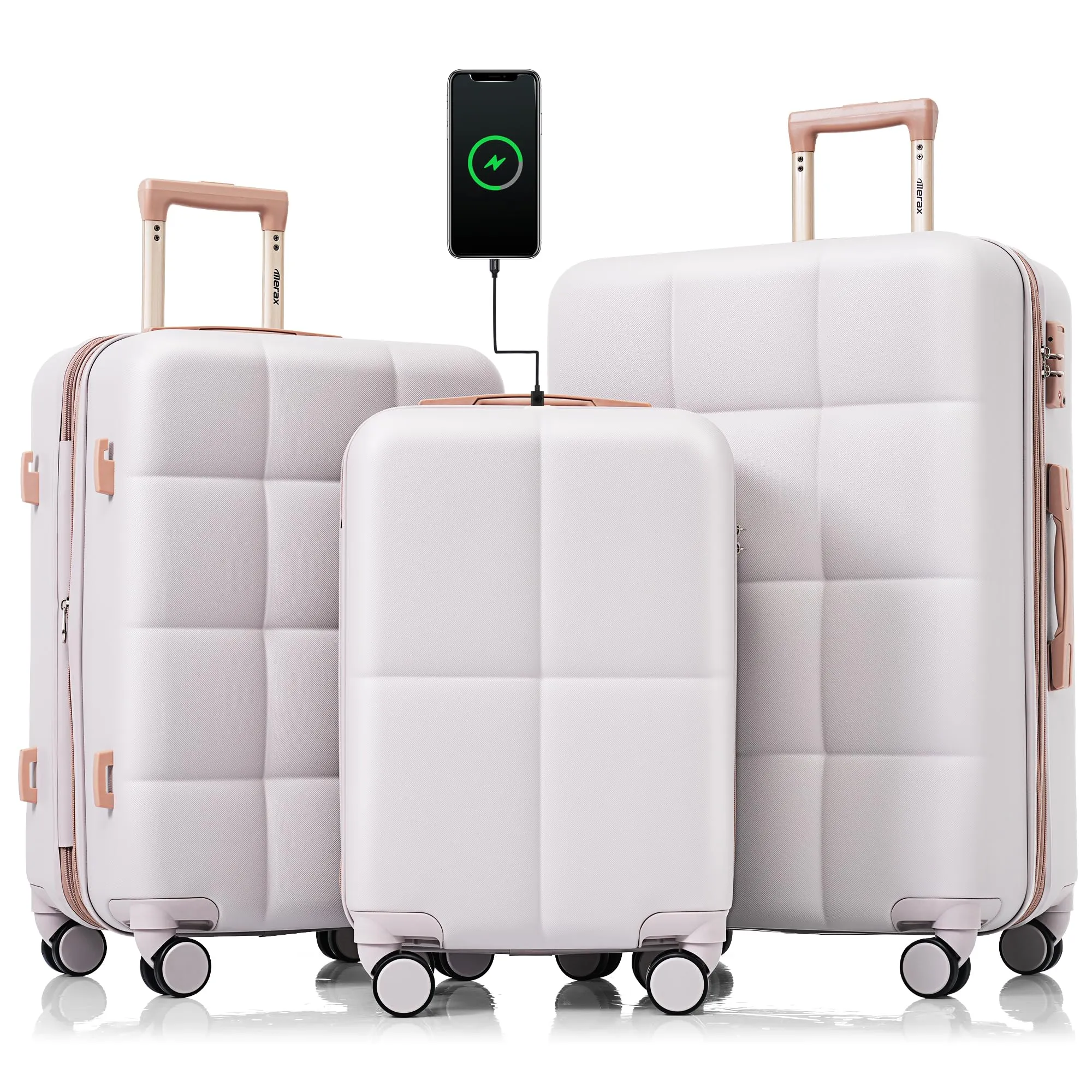 Merax 3 Pcs ABS Hardside Luggage Sets TSA Lock Spinner Wheel Suitcases, Pearly White, 20/24/28 Inch