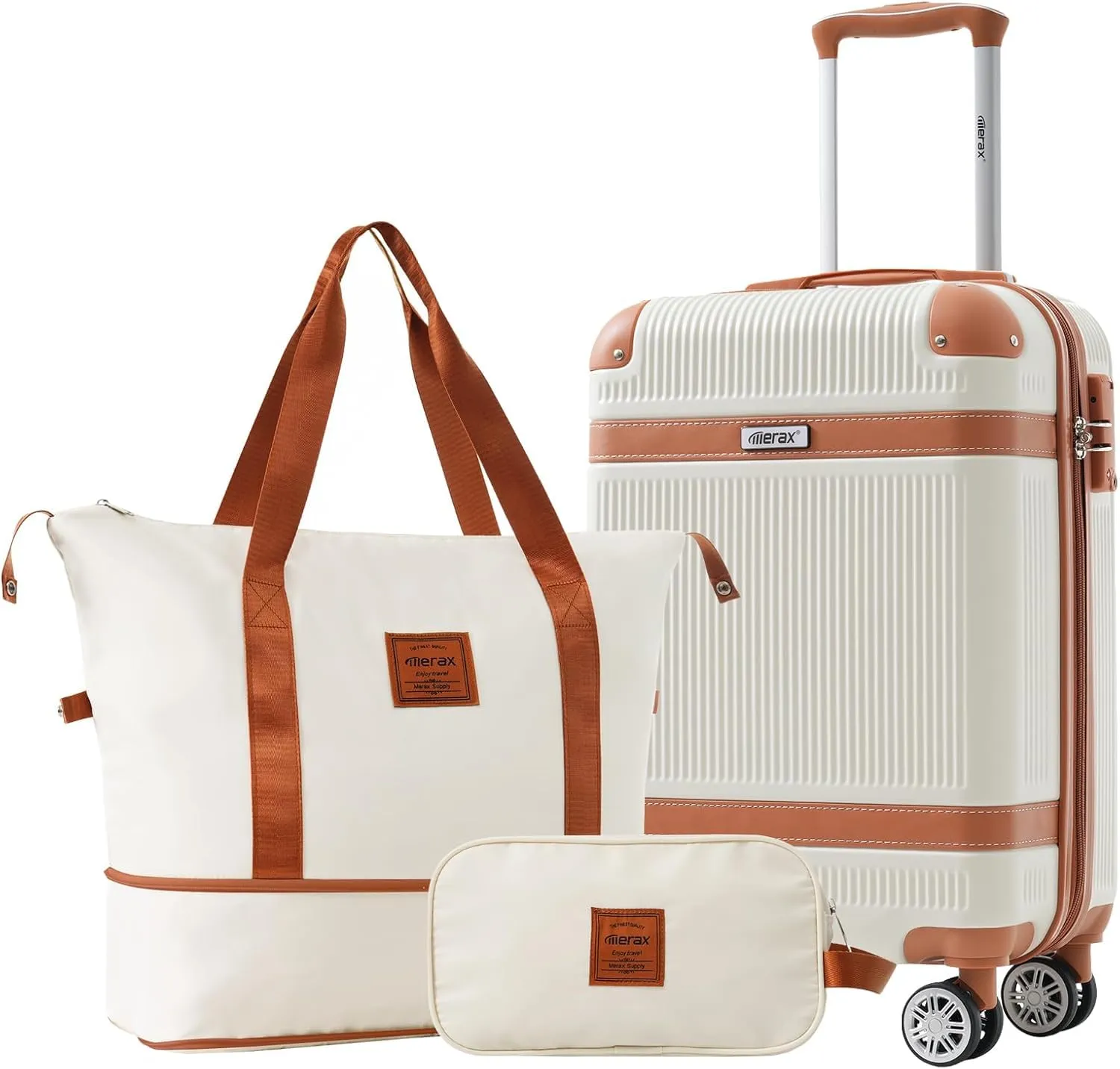 Merax 3 Pcs ABS Hardside Luggage Sets TSA Lock Spinner Wheel Suitcases, Pearly White, 20/24/28 Inch