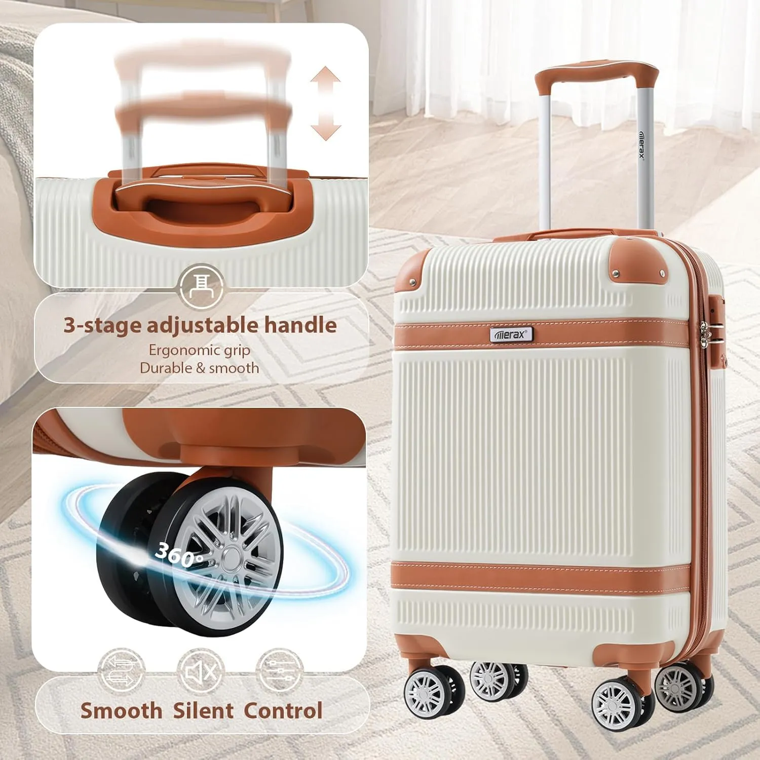 Merax 3 Pcs ABS Hardside Luggage Sets TSA Lock Spinner Wheel Suitcases, Pearly White, 20/24/28 Inch
