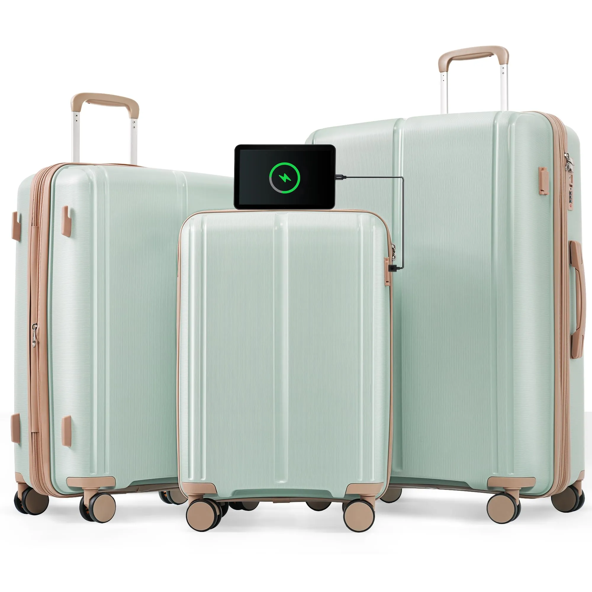 Merax 3 Pcs ABS Hardside Luggage Sets TSA Lock Spinner Wheel Suitcases, Pearly White, 20/24/28 Inch