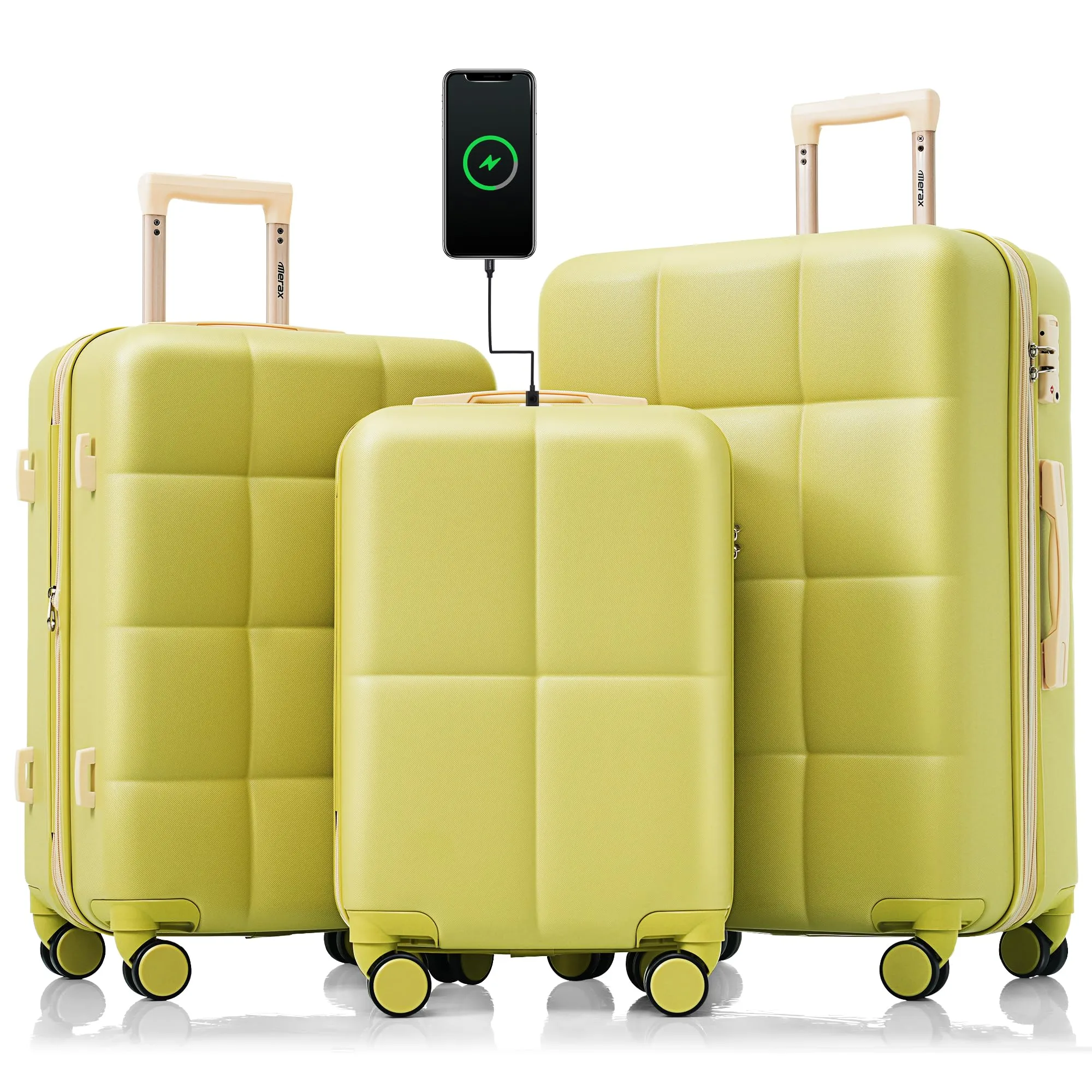 Merax 3 Pcs ABS Hardside Luggage Sets TSA Lock Spinner Wheel Suitcases, Pearly White, 20/24/28 Inch