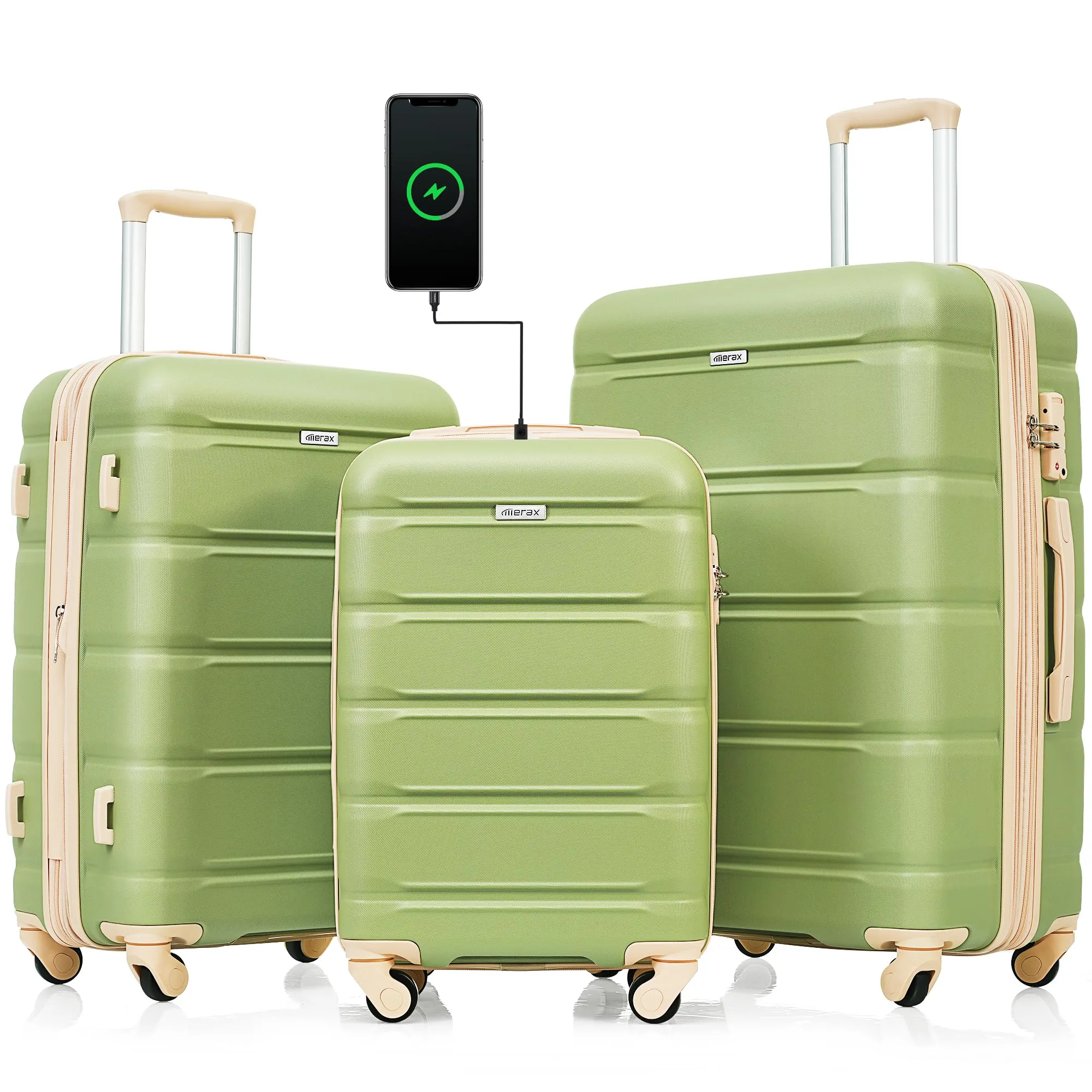 Merax 3 Pcs ABS Hardside Luggage Sets TSA Lock Spinner Wheel Suitcases, Pearly White, 20/24/28 Inch