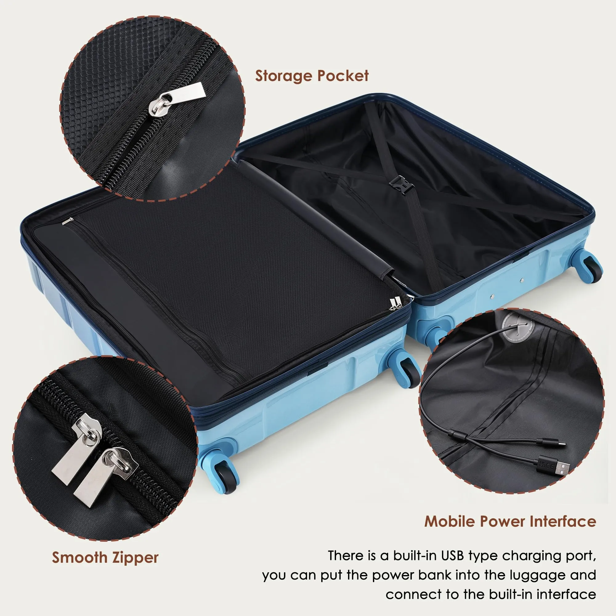 Merax 3 Pcs ABS Hardside Luggage Sets TSA Lock Spinner Wheel Suitcases, Pearly White, 20/24/28 Inch