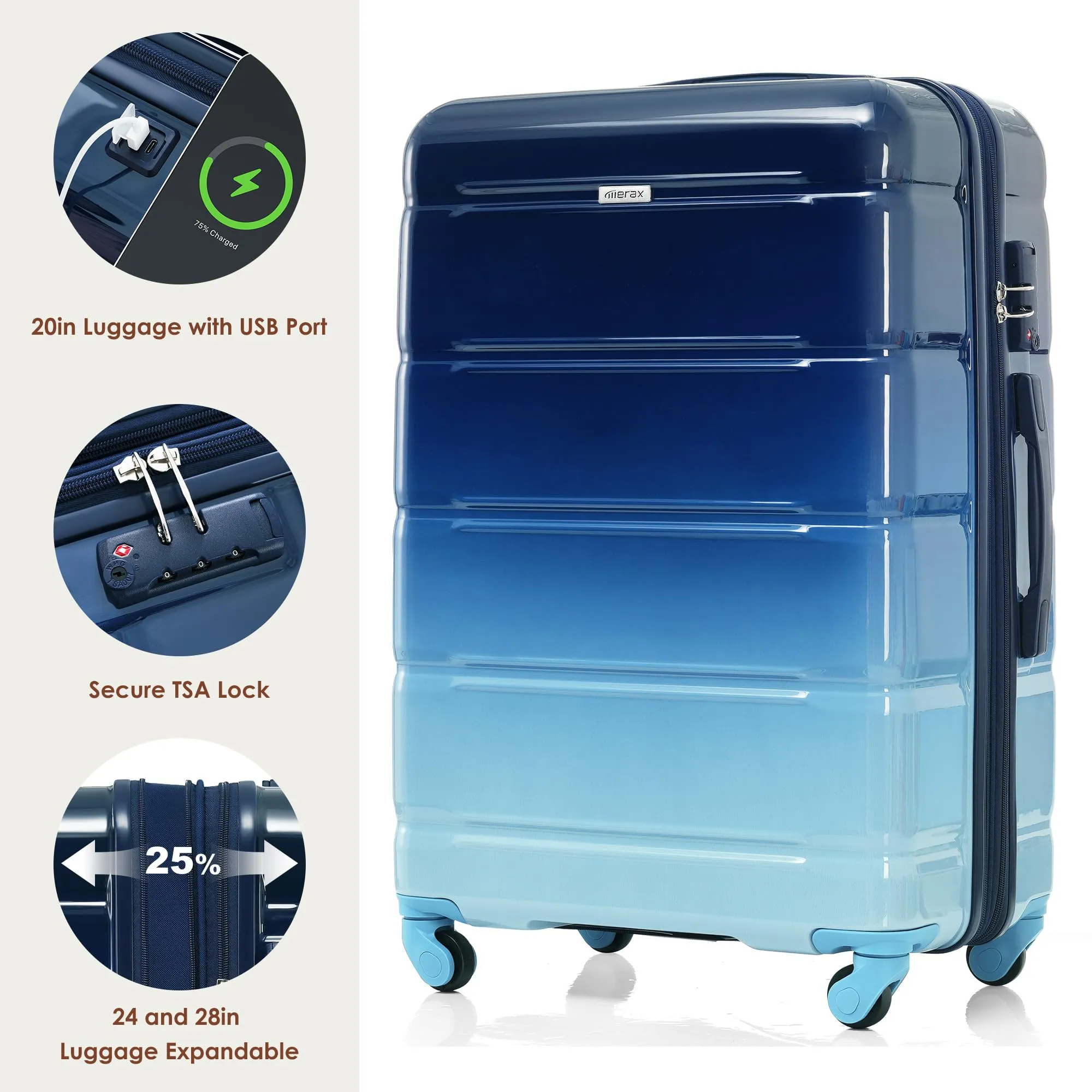 Merax 3 Pcs ABS Hardside Luggage Sets TSA Lock Spinner Wheel Suitcases, Pearly White, 20/24/28 Inch