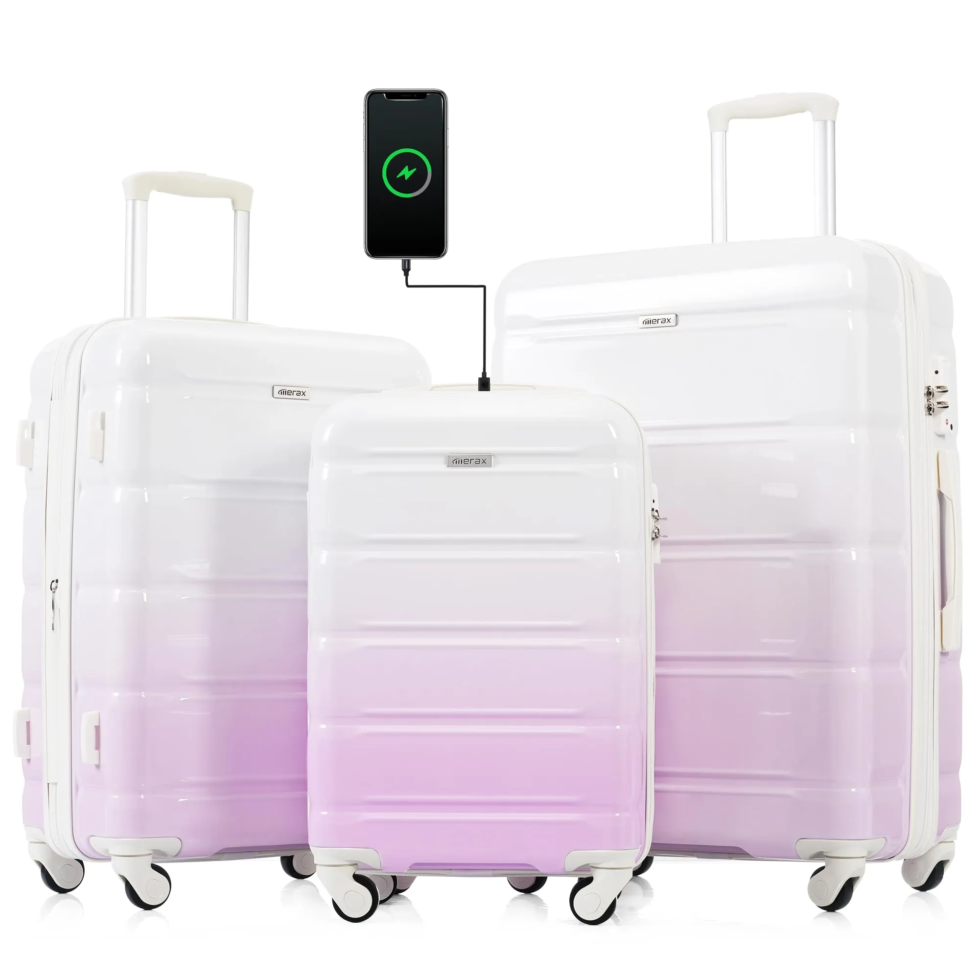 Merax 3 Pcs ABS Hardside Luggage Sets TSA Lock Spinner Wheel Suitcases, Pearly White, 20/24/28 Inch