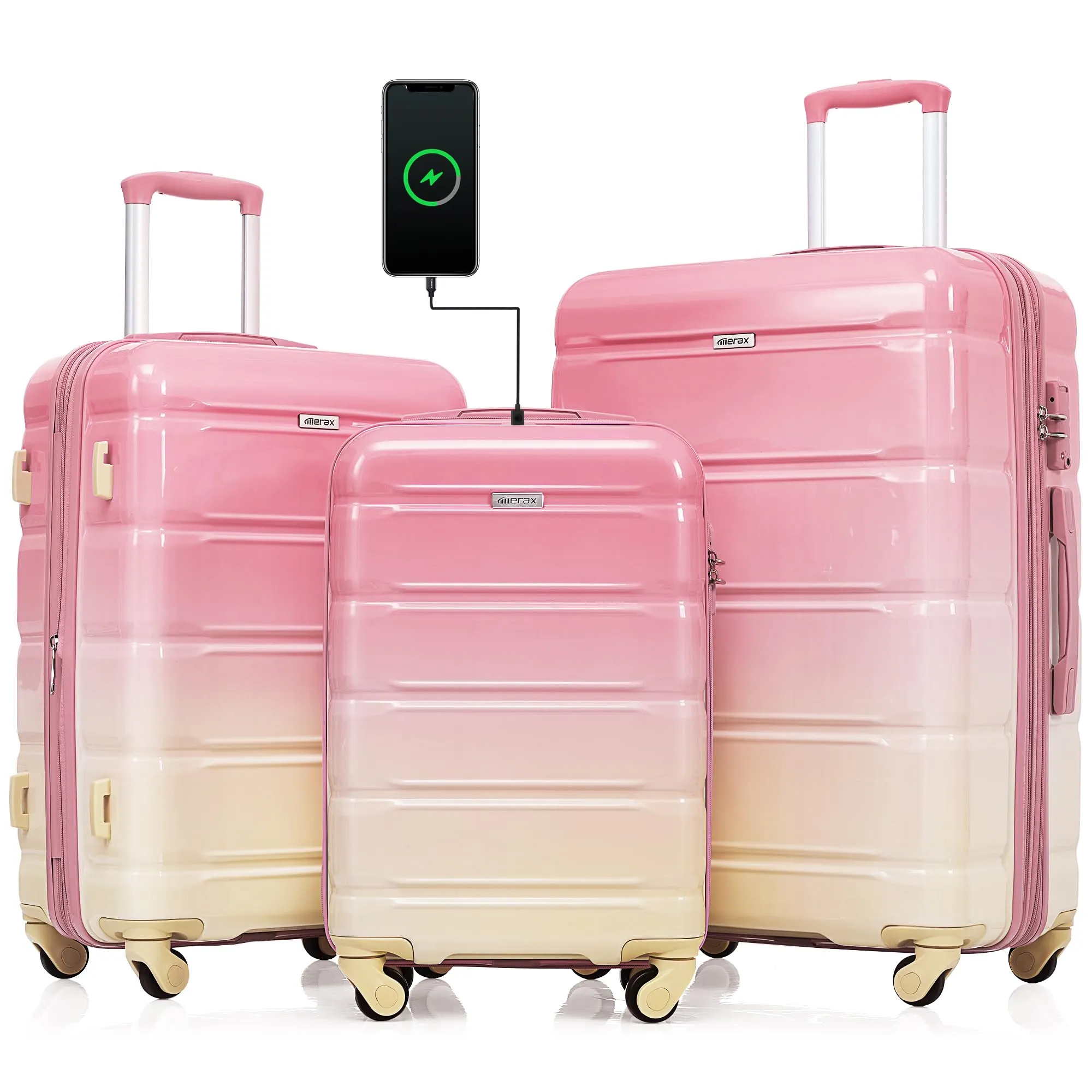 Merax 3 Pcs ABS Hardside Luggage Sets TSA Lock Spinner Wheel Suitcases, Pearly White, 20/24/28 Inch