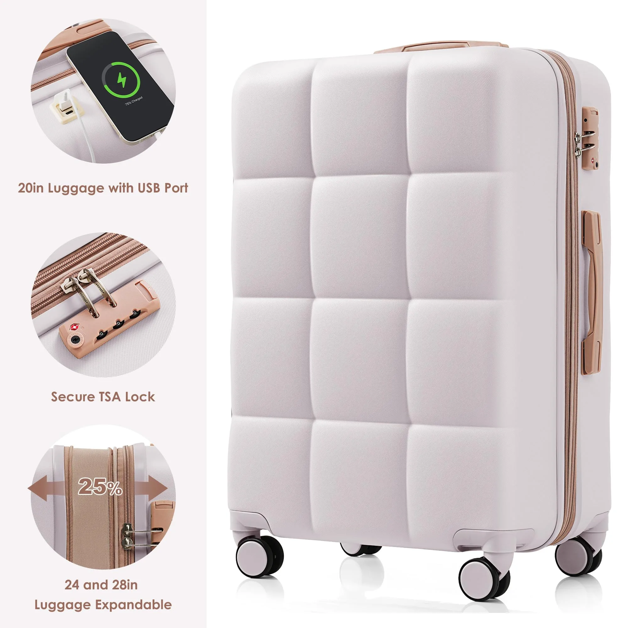 Merax 3 Pcs ABS Hardside Luggage Sets TSA Lock Spinner Wheel Suitcases, Pearly White, 20/24/28 Inch