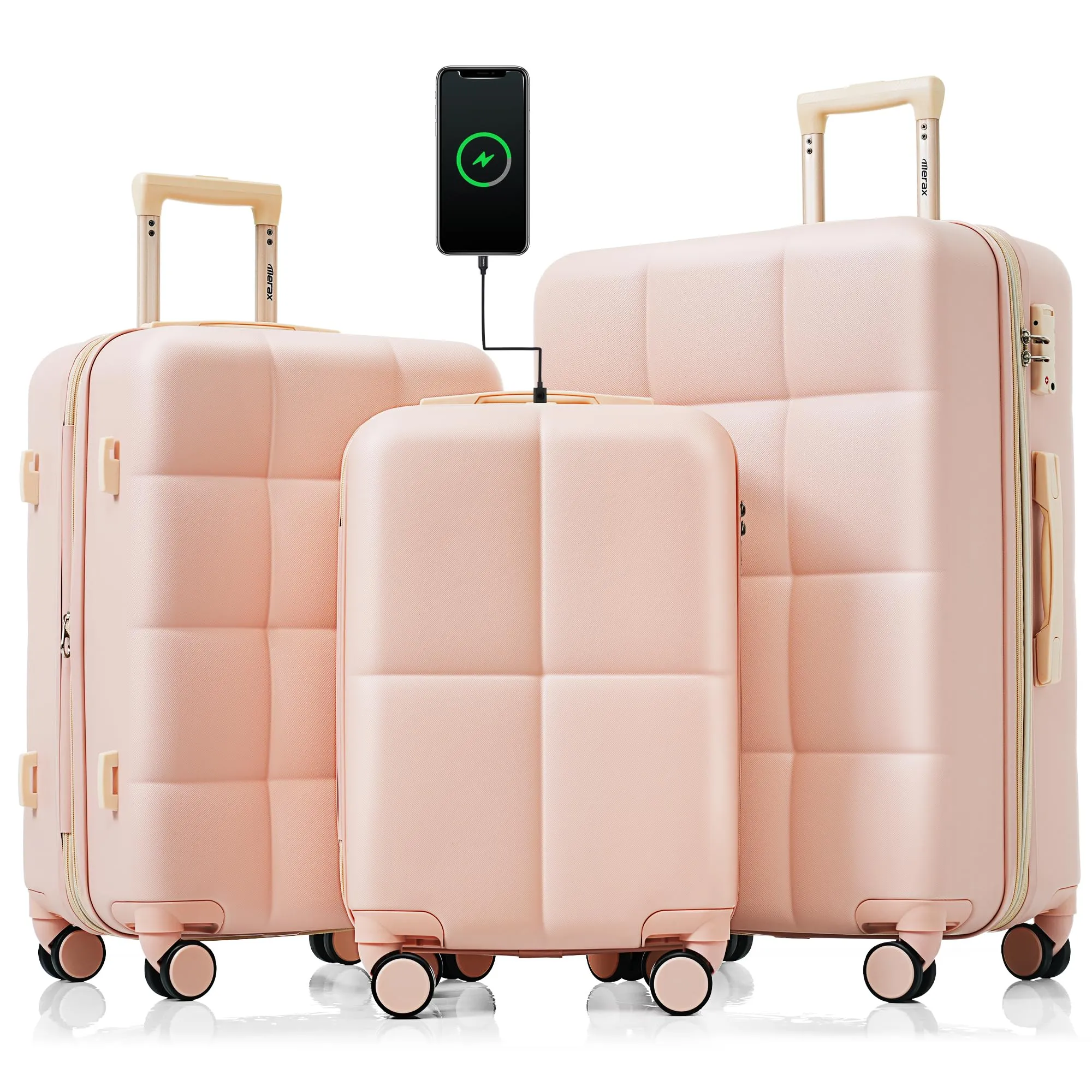 Merax 3 Pcs ABS Hardside Luggage Sets TSA Lock Spinner Wheel Suitcases, Pearly White, 20/24/28 Inch