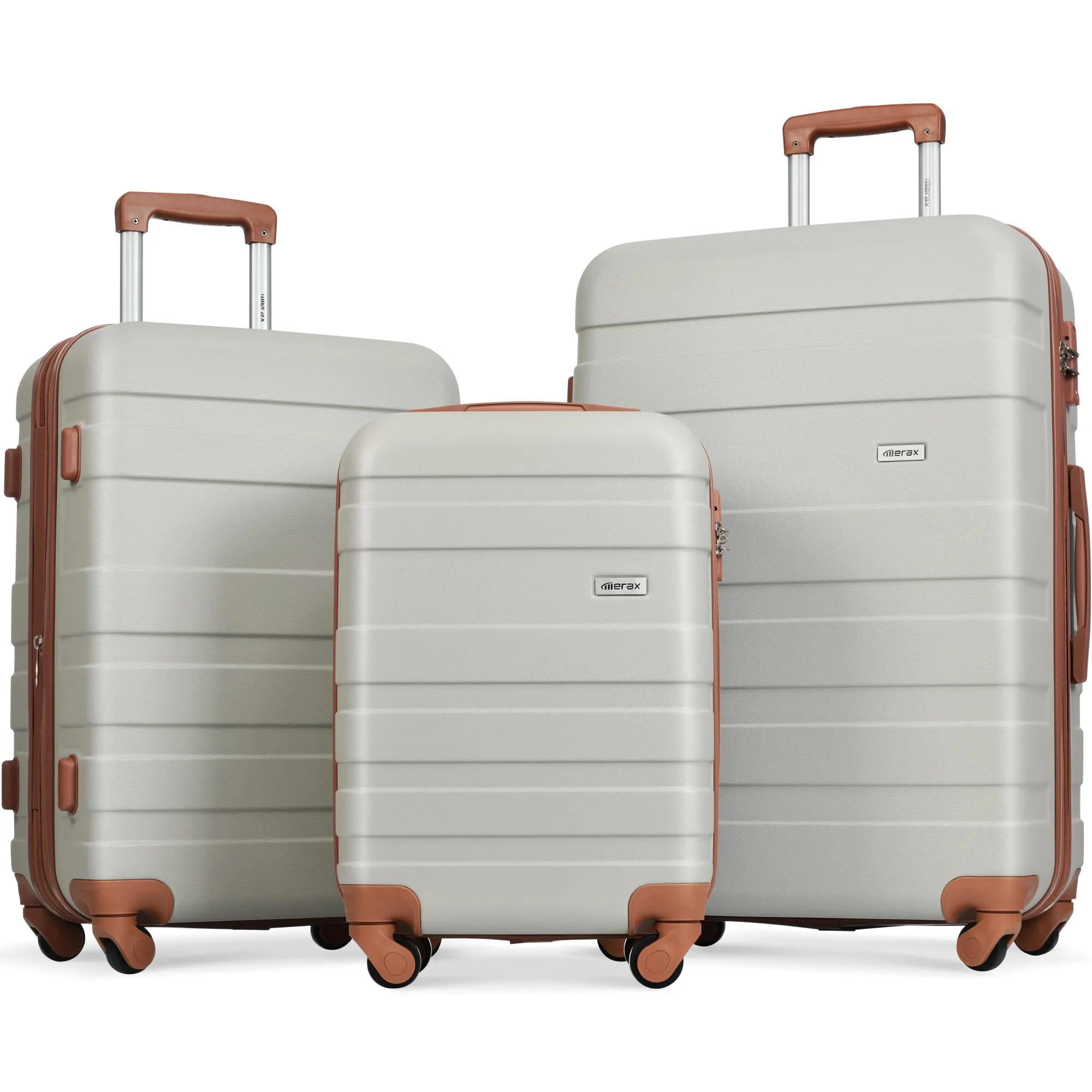 Merax 3 Pcs ABS Hardside Luggage Sets TSA Lock Spinner Wheel Suitcases, Pearly White, 20/24/28 Inch