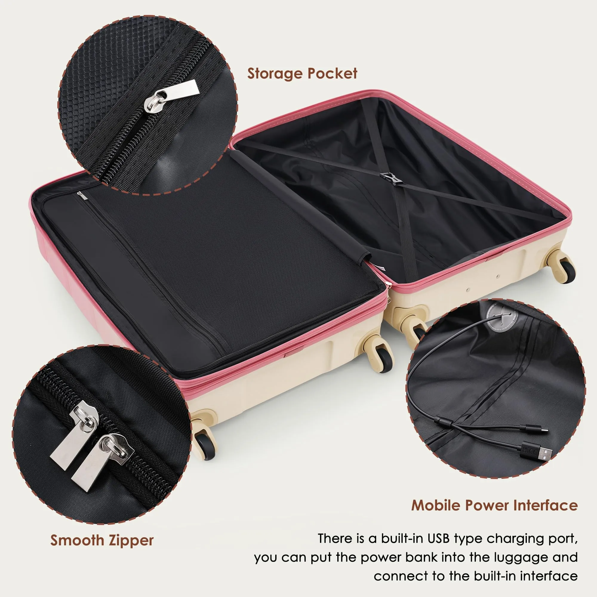 Merax 3 Pcs ABS Hardside Luggage Sets TSA Lock Spinner Wheel Suitcases, Pearly White, 20/24/28 Inch