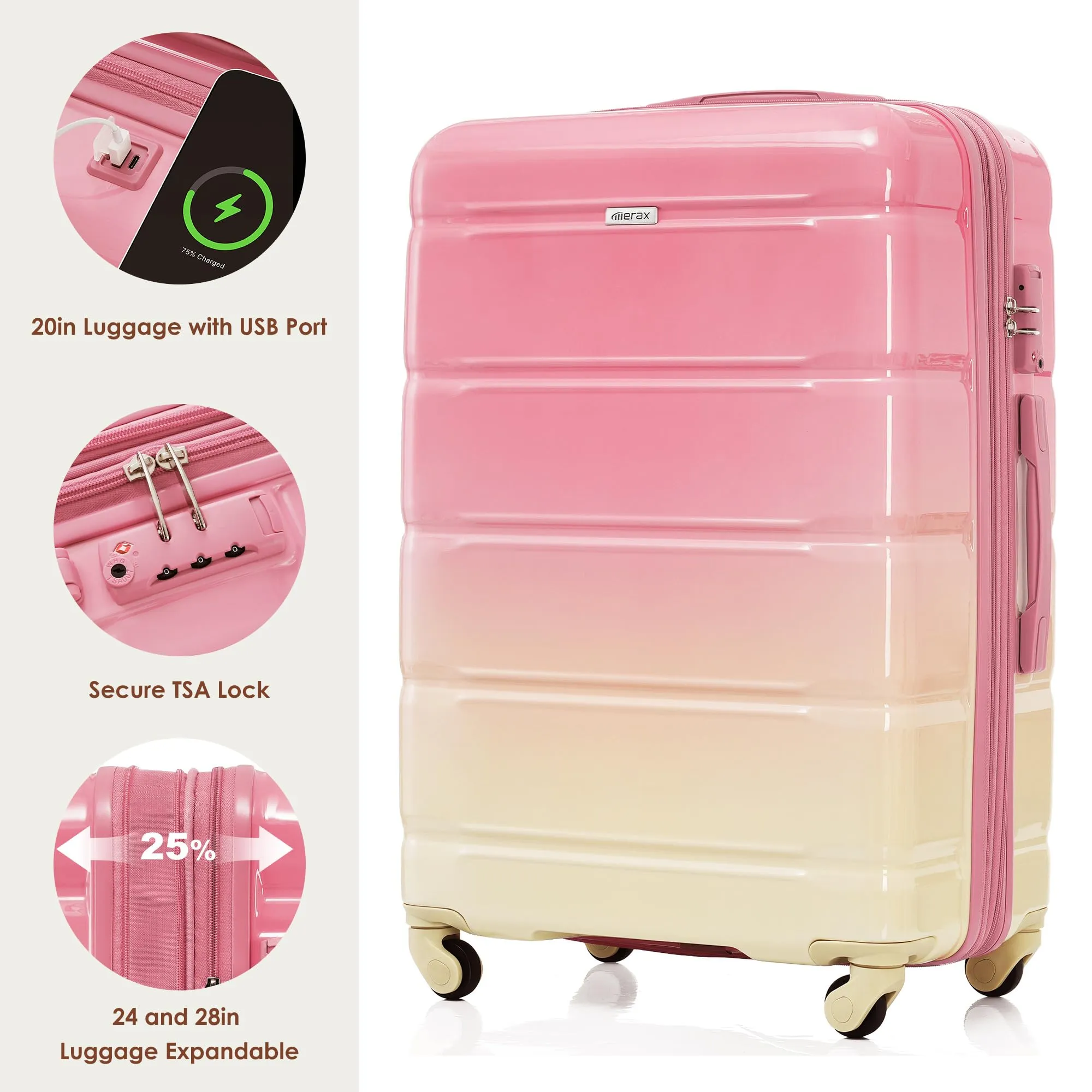 Merax 3 Pcs ABS Hardside Luggage Sets TSA Lock Spinner Wheel Suitcases, Pearly White, 20/24/28 Inch