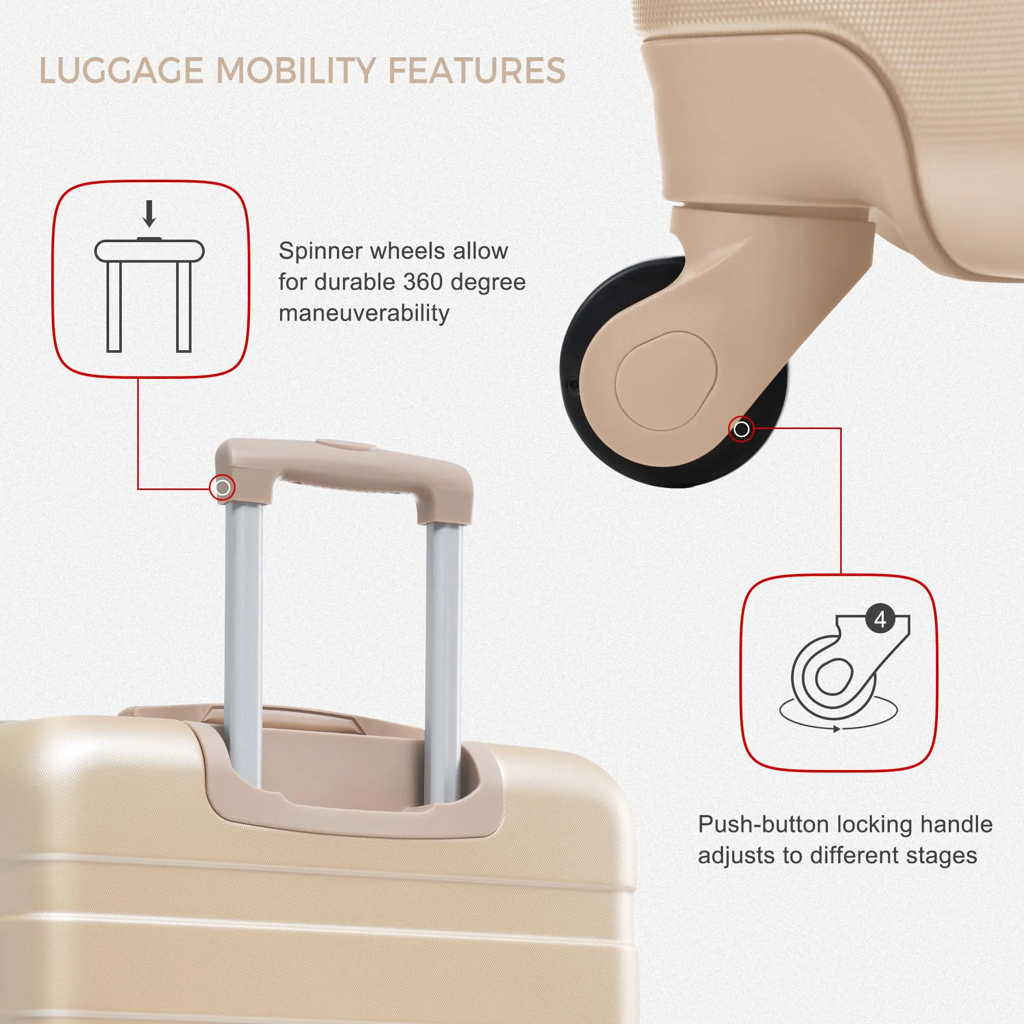 Merax 3 Pcs ABS Hardside Luggage Sets TSA Lock Spinner Wheel Suitcases, Pearly White, 20/24/28 Inch