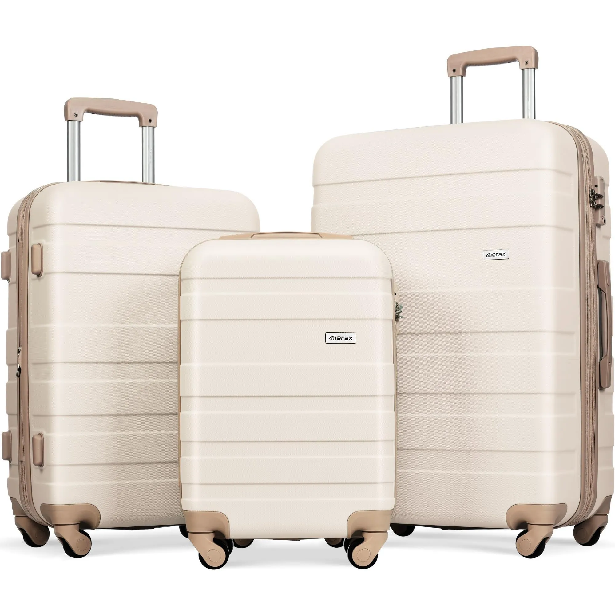 Merax 3 Pcs ABS Hardside Luggage Sets TSA Lock Spinner Wheel Suitcases, Pearly White, 20/24/28 Inch