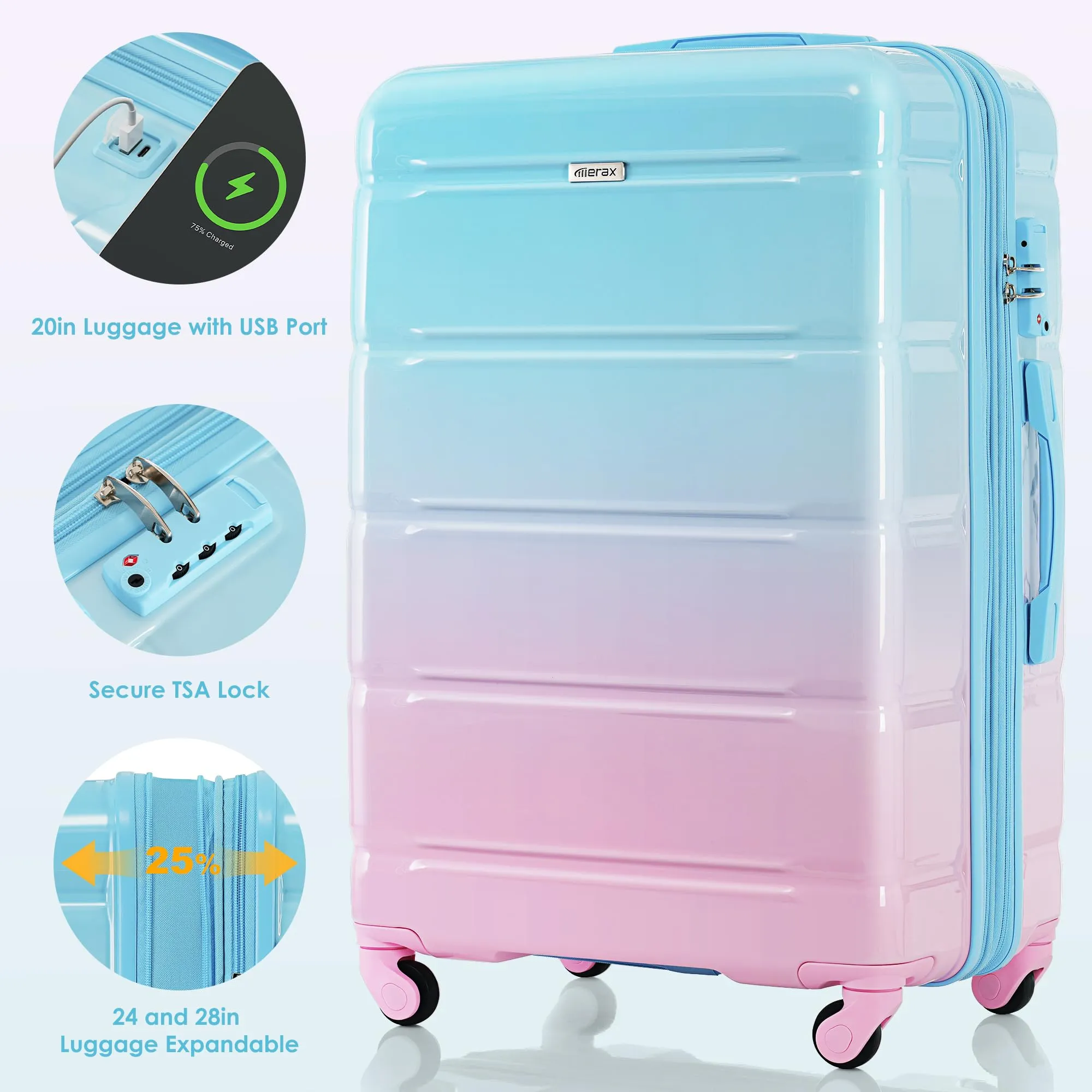 Merax 3 Pcs ABS Hardside Luggage Sets TSA Lock Spinner Wheel Suitcases, Pearly White, 20/24/28 Inch
