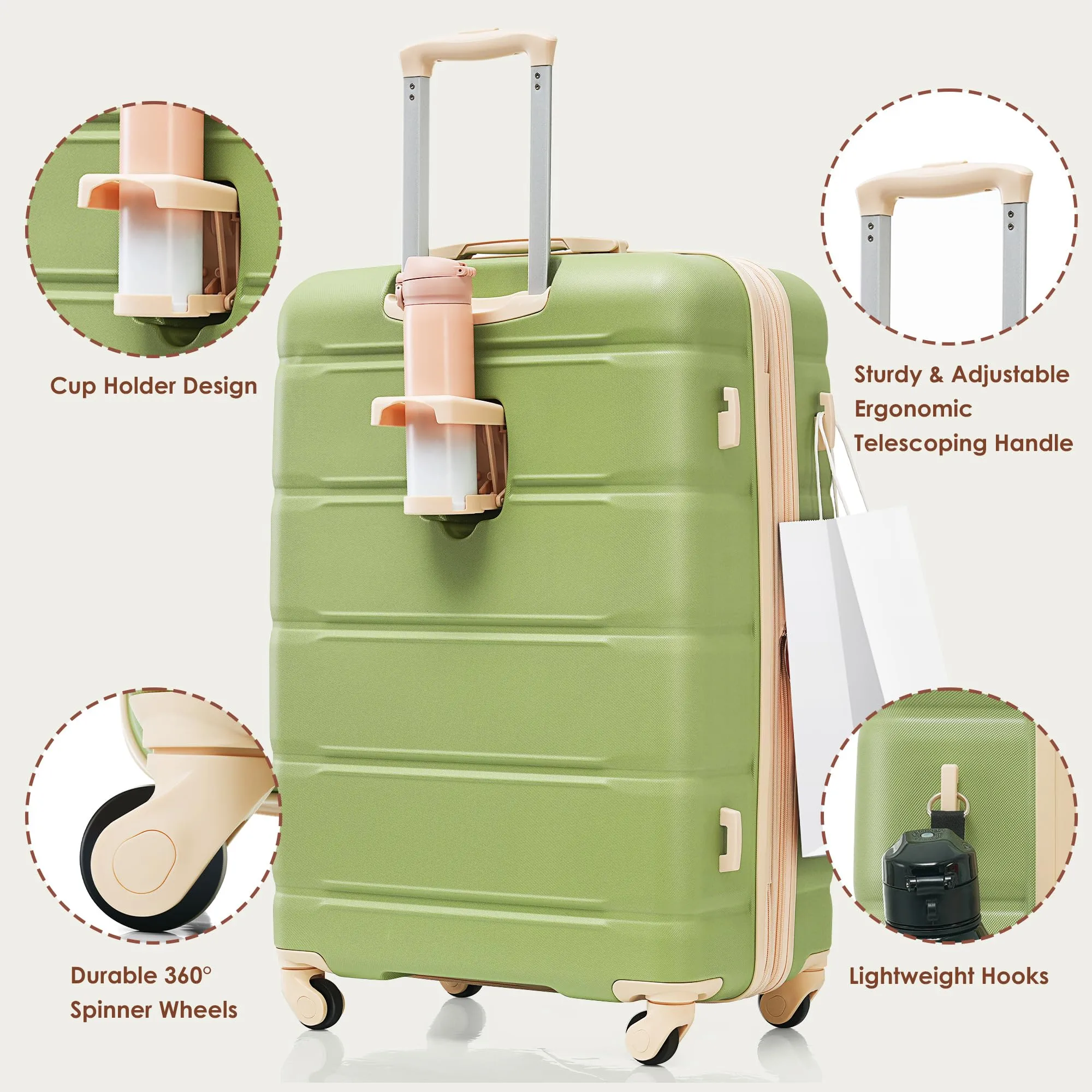 Merax 3 Pcs ABS Hardside Luggage Sets TSA Lock Spinner Wheel Suitcases, Pearly White, 20/24/28 Inch