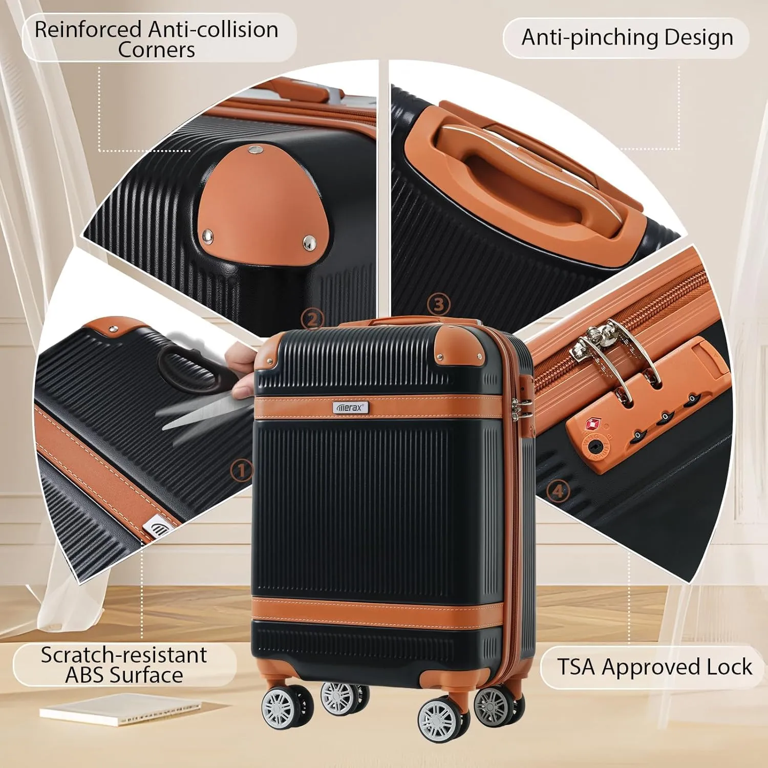 Merax 3 Pcs ABS Hardside Luggage Sets TSA Lock Spinner Wheel Suitcases, Pearly White, 20/24/28 Inch
