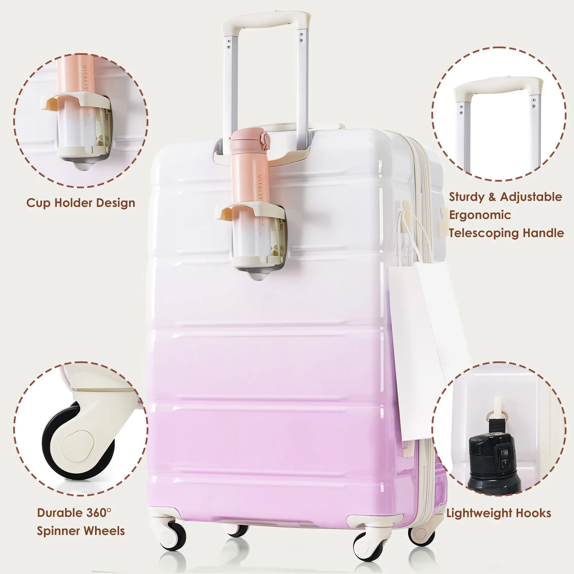 Merax 3 Pcs ABS Hardside Luggage Sets TSA Lock Spinner Wheel Suitcases, Pearly White, 20/24/28 Inch