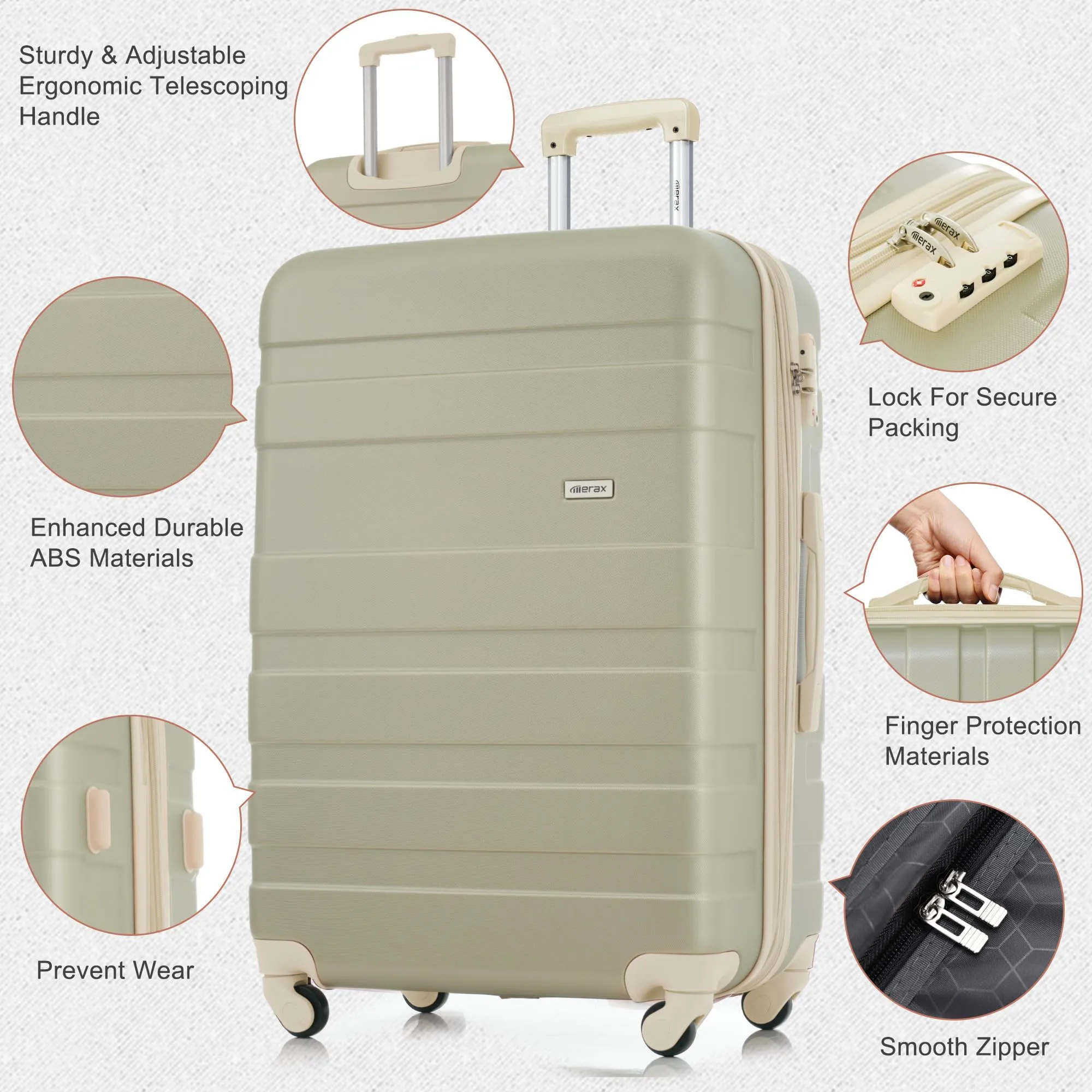 Merax 3 Pcs ABS Hardside Luggage Sets TSA Lock Spinner Wheel Suitcases, Pearly White, 20/24/28 Inch