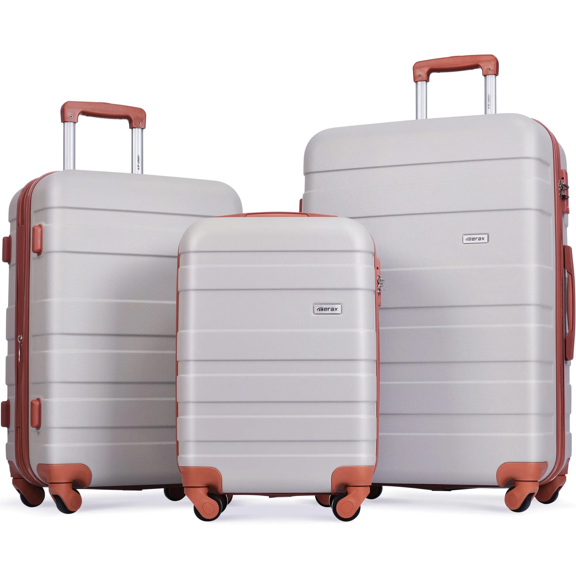 Merax 3 Pcs ABS Hardside Luggage Sets TSA Lock Spinner Wheel Suitcases, Pearly White, 20/24/28 Inch