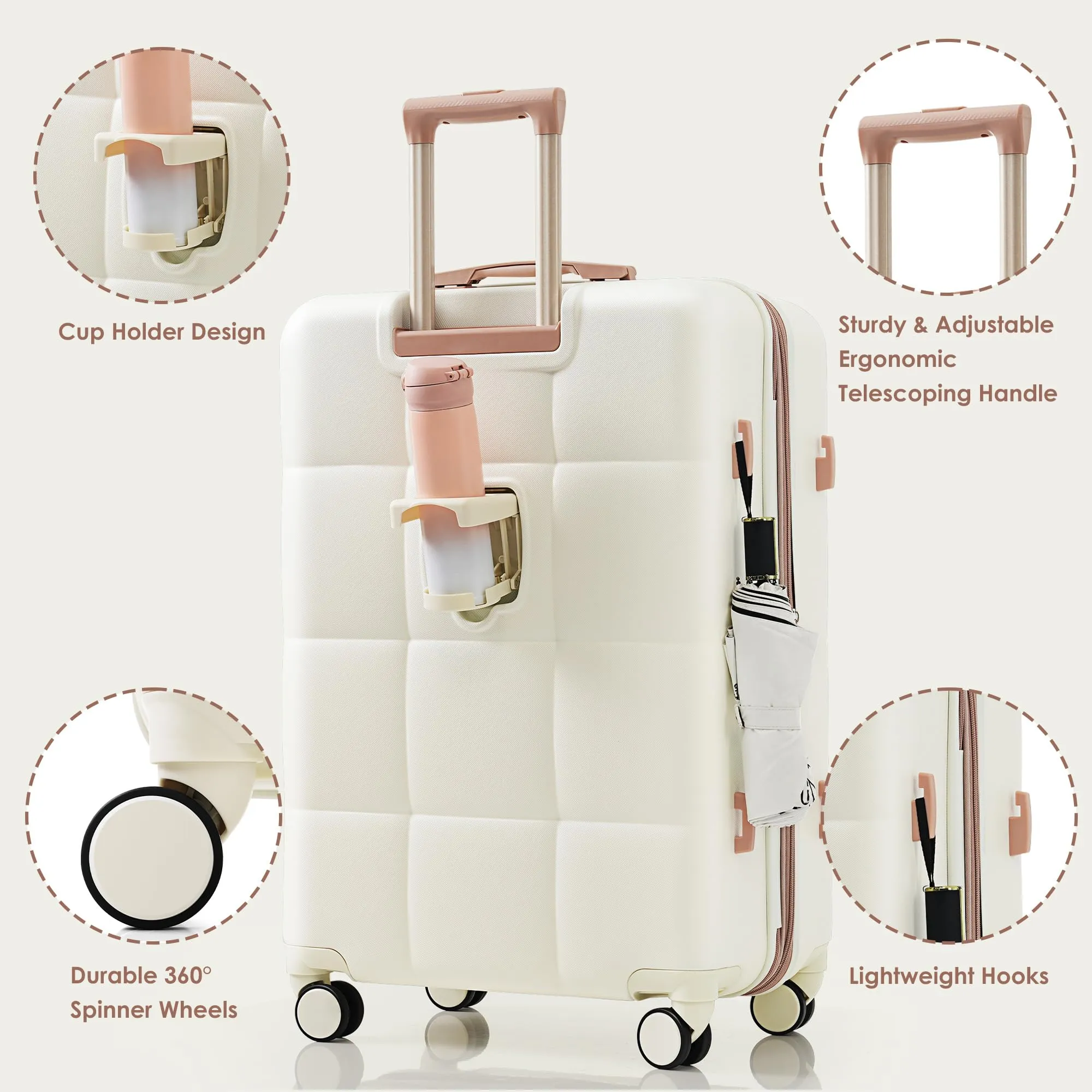 Merax 3 Pcs ABS Hardside Luggage Sets TSA Lock Spinner Wheel Suitcases, Pearly White, 20/24/28 Inch
