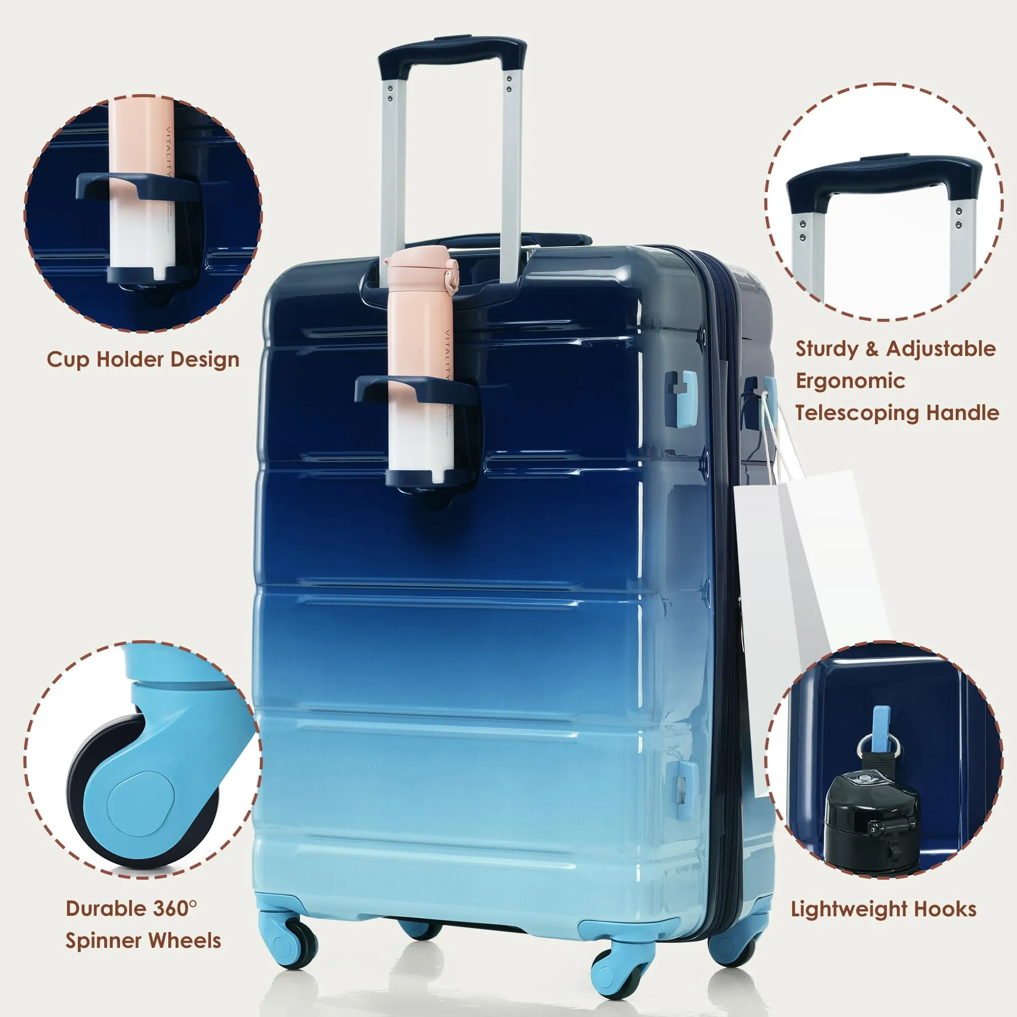 Merax 3 Pcs ABS Hardside Luggage Sets TSA Lock Spinner Wheel Suitcases, Pearly White, 20/24/28 Inch