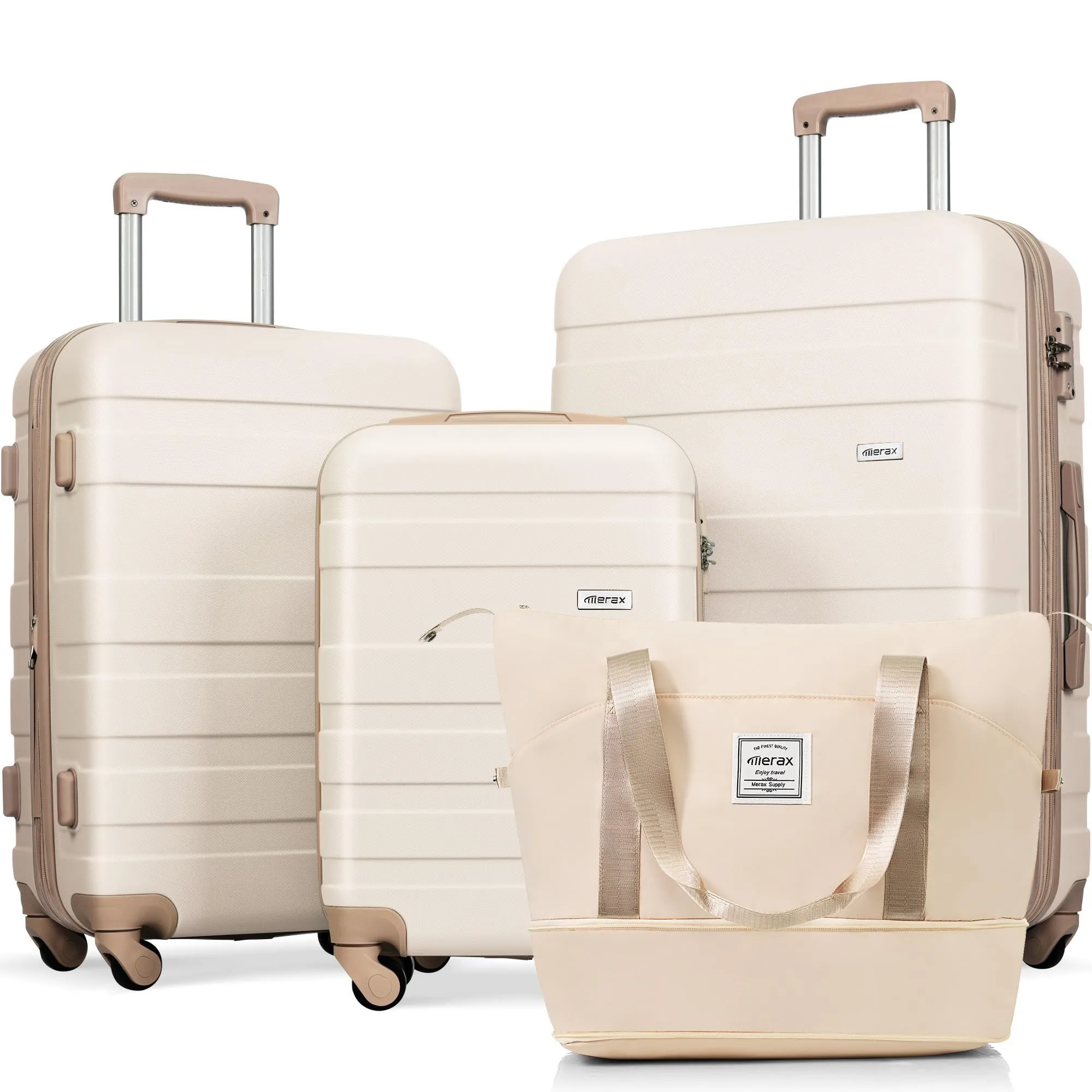 Merax 3 Pcs ABS Hardside Luggage Sets TSA Lock Spinner Wheel Suitcases, Pearly White, 20/24/28 Inch