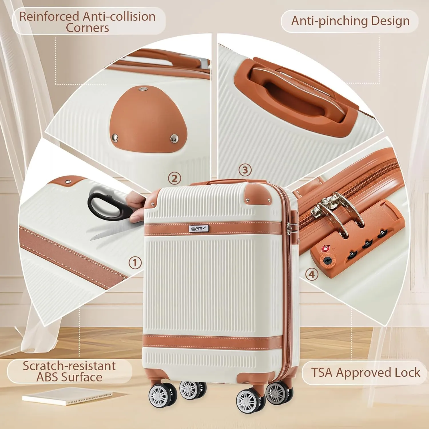 Merax 3 Pcs ABS Hardside Luggage Sets TSA Lock Spinner Wheel Suitcases, Pearly White, 20/24/28 Inch