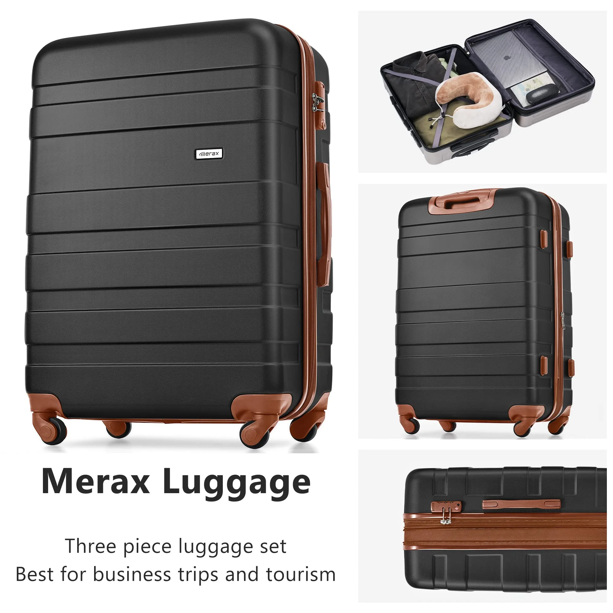 Merax 3 Pcs ABS Hardside Luggage Sets TSA Lock Spinner Wheel Suitcases, Pearly White, 20/24/28 Inch