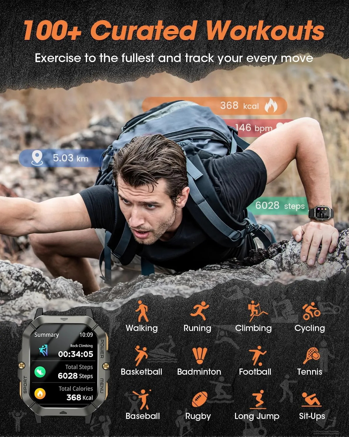 Military Smart Watches for Men (Answer/Make Calls), 2.02'' Fitness Smart Watch for Android and iPhone, Waterproof Fitness Tracker with Blood Pressure/Heart Rate/Sleep/100  Sport Modes, Watches for Men