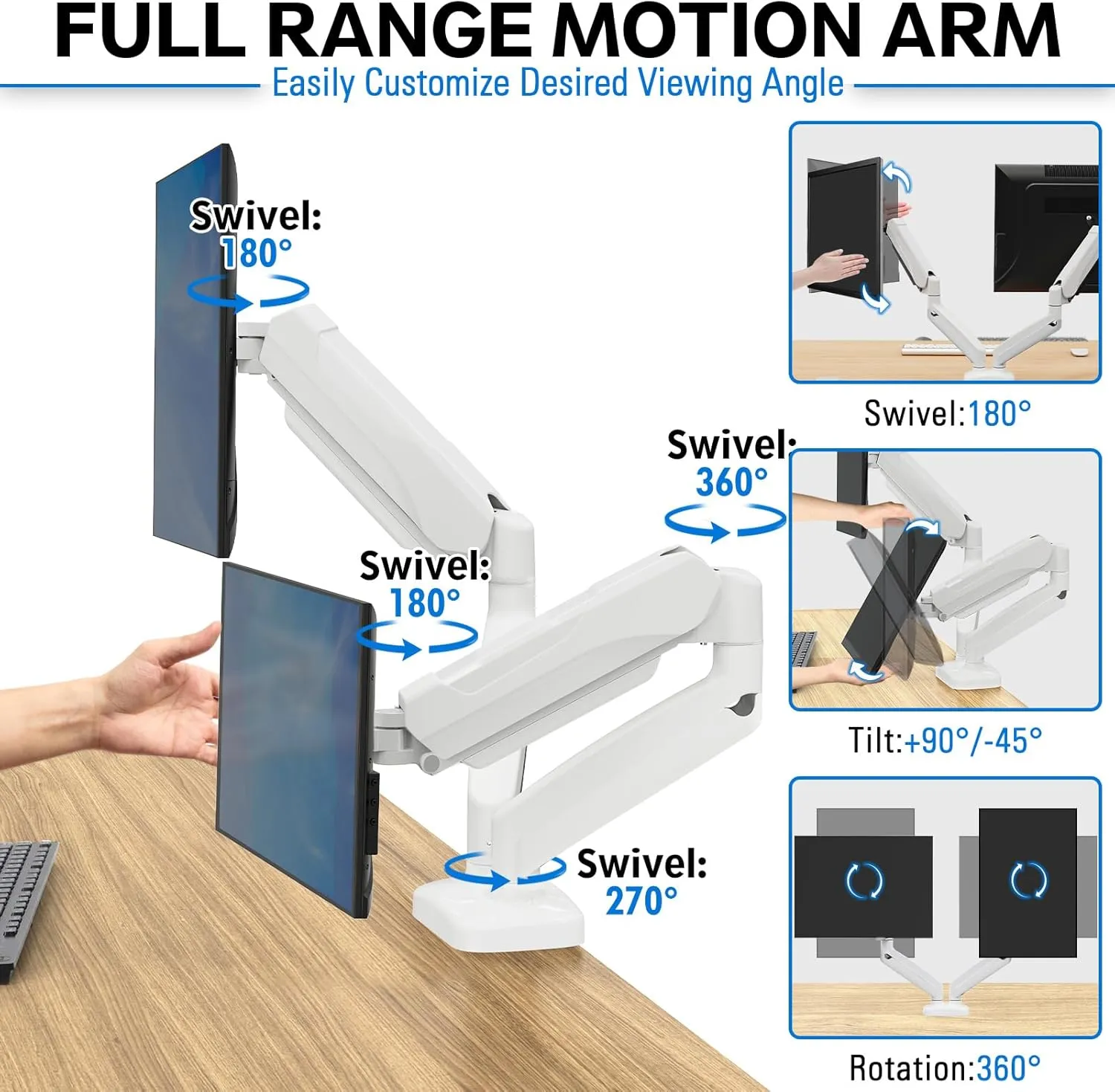 MOUNTUP Dual Monitor Stand for Desk, Gas Spring Monitor Arms for 2 Monitors Max 32 Inches, Height Adjustable Double Monitor Mount, VESA Mounts with C-Clamp & Grommet Base, Holds 4.4-17.6lbs, White