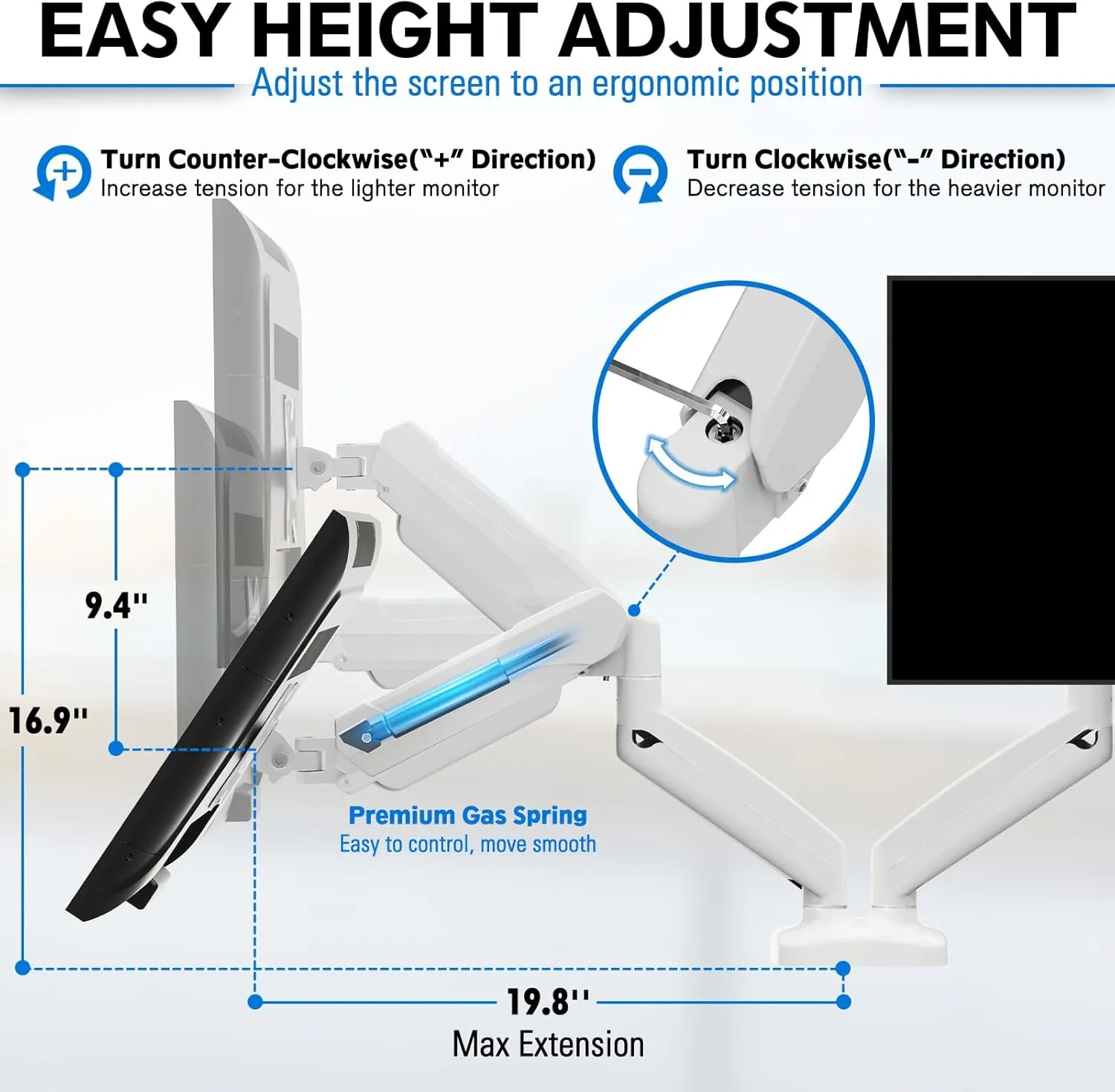 MOUNTUP Dual Monitor Stand for Desk, Gas Spring Monitor Arms for 2 Monitors Max 32 Inches, Height Adjustable Double Monitor Mount, VESA Mounts with C-Clamp & Grommet Base, Holds 4.4-17.6lbs, White