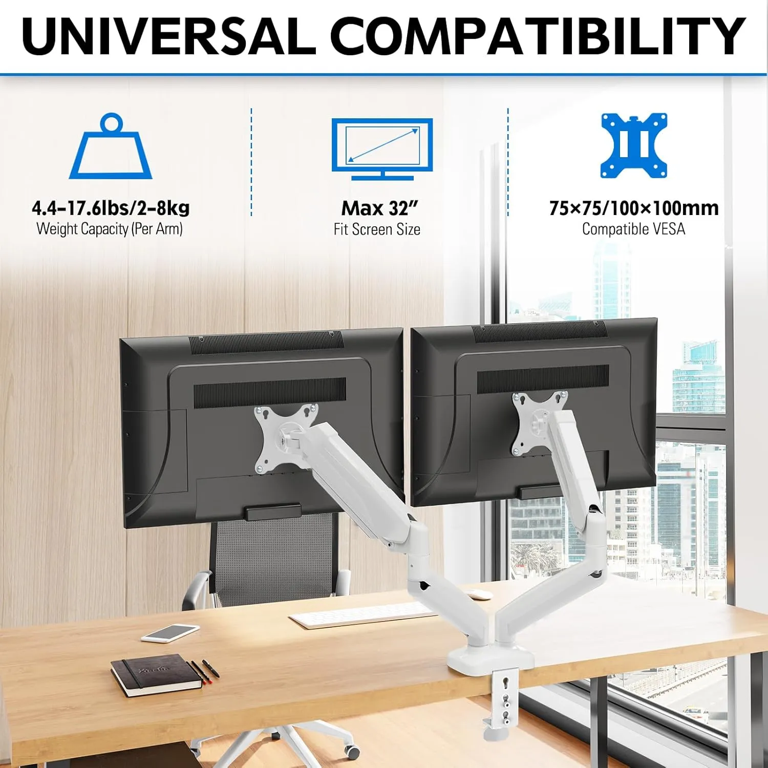 MOUNTUP Dual Monitor Stand for Desk, Gas Spring Monitor Arms for 2 Monitors Max 32 Inches, Height Adjustable Double Monitor Mount, VESA Mounts with C-Clamp & Grommet Base, Holds 4.4-17.6lbs, White