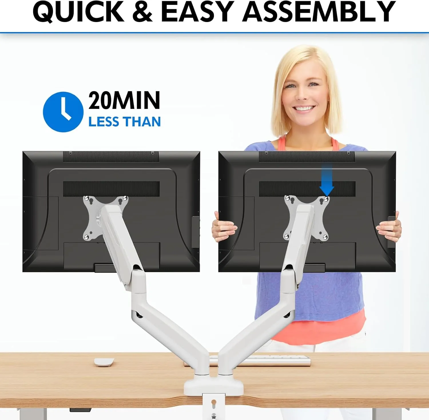 MOUNTUP Dual Monitor Stand for Desk, Gas Spring Monitor Arms for 2 Monitors Max 32 Inches, Height Adjustable Double Monitor Mount, VESA Mounts with C-Clamp & Grommet Base, Holds 4.4-17.6lbs, White