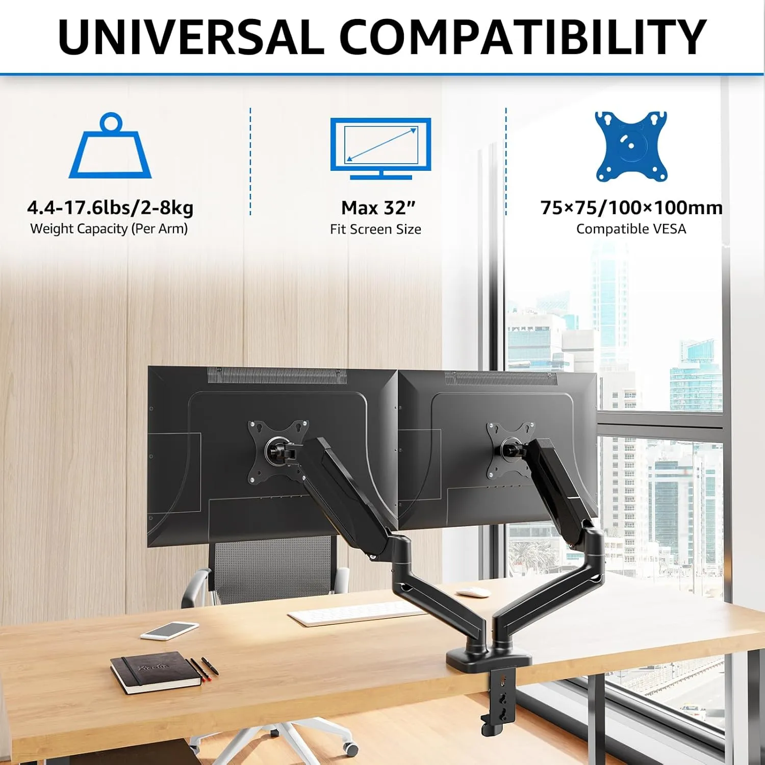 MOUNTUP Dual Monitor Stand for Desk, Pneumatic Monitor Arms for 2 Monitors Max 32 Inches, Height Adjustable Double Monitor Mount, VESA Mounts with C-Clamp & Grommet Base, Holds 4.4-17.6lbs, Black
