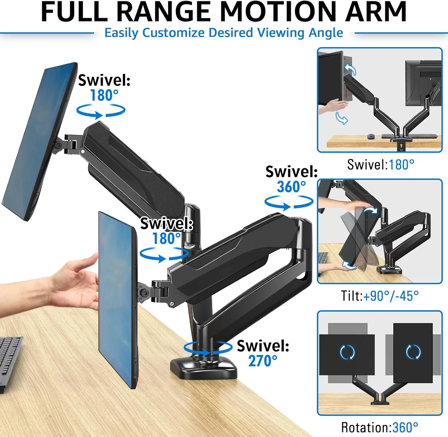 MOUNTUP Dual Monitor Stand for Desk, Pneumatic Monitor Arms for 2 Monitors Max 32 Inches, Height Adjustable Double Monitor Mount, VESA Mounts with C-Clamp & Grommet Base, Holds 4.4-17.6lbs, Black