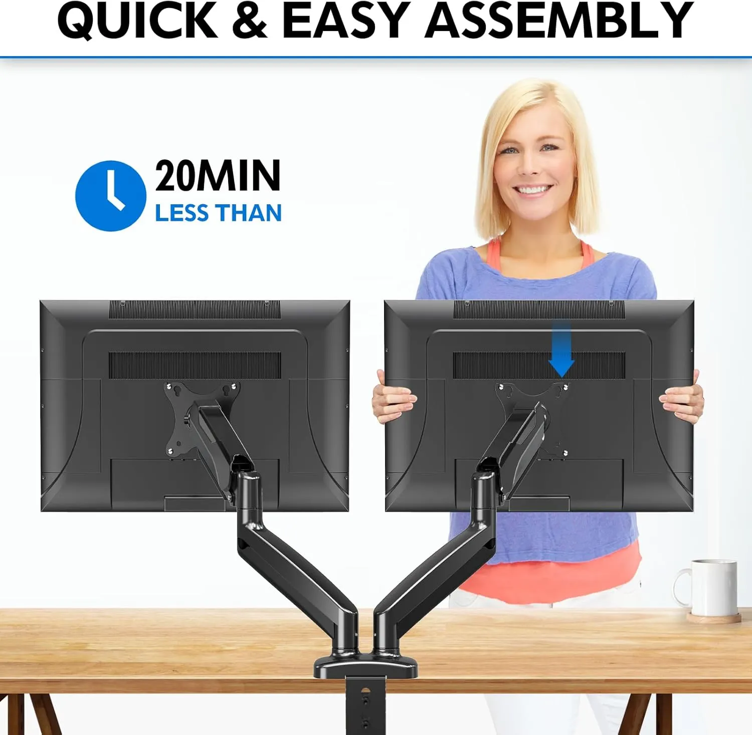 MOUNTUP Dual Monitor Stand for Desk, Pneumatic Monitor Arms for 2 Monitors Max 32 Inches, Height Adjustable Double Monitor Mount, VESA Mounts with C-Clamp & Grommet Base, Holds 4.4-17.6lbs, Black