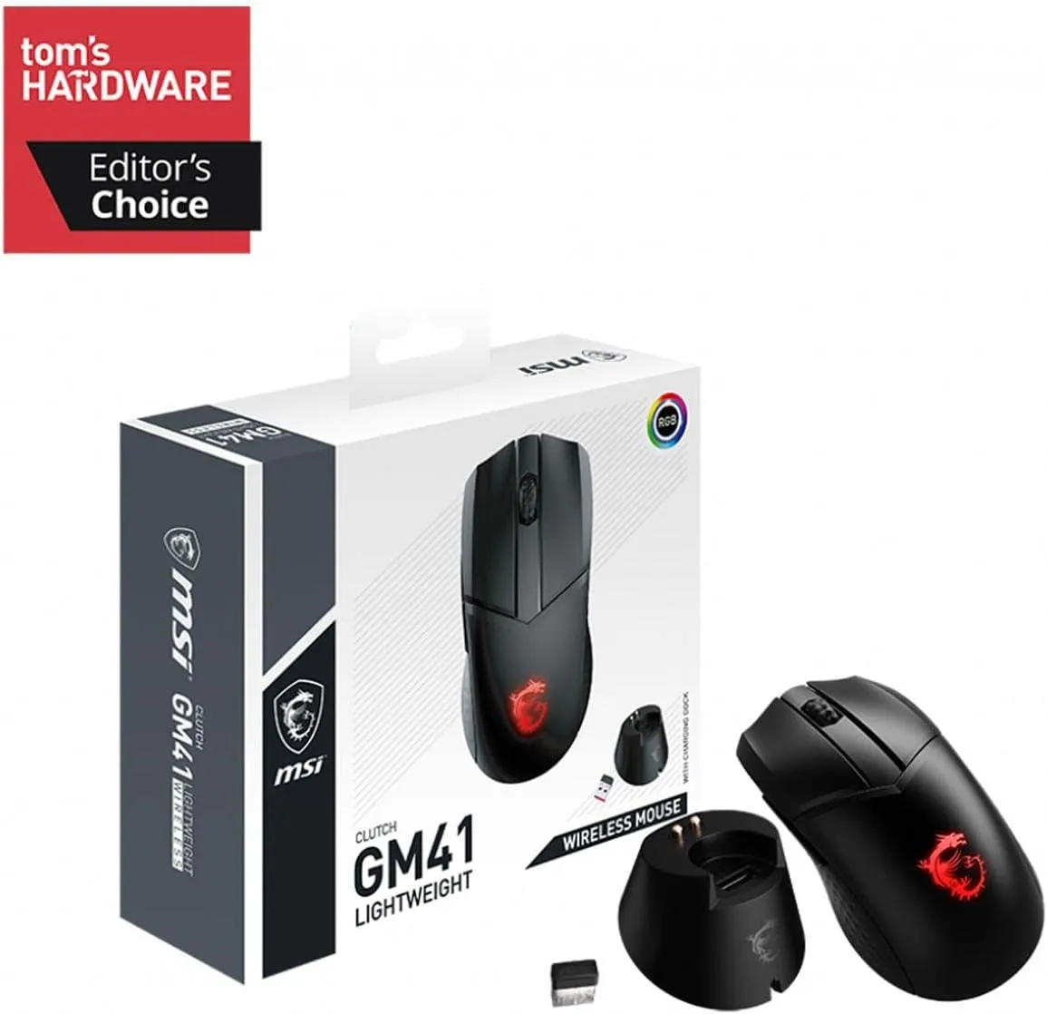 MSI Clutch GM41 Lightweight Wireless Gaming Mouse & Charging Dock, 20,000 DPI, 60M Omron Switches, Fast-Charging 80Hr Battery, RGB Mystic Light, 6 Programmable Buttons, PC/Mac