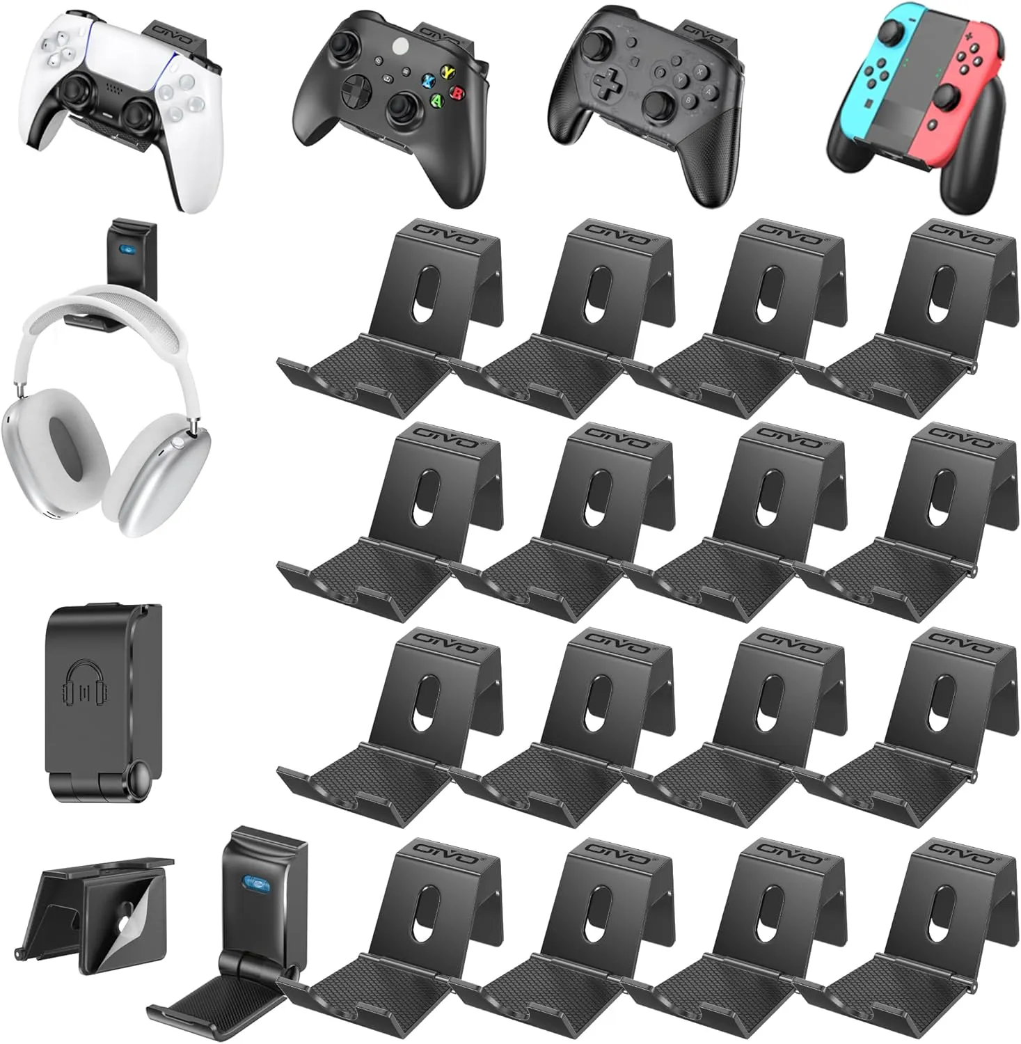 OIVO Controller & Headset Wall Mount Holder Stand, Foldable Headphone Stand, Gaming Controller Holder Hanger Hook, Universal Storage Sega Genesis Games Controller/Earphone/Game Accessories-17 Packs