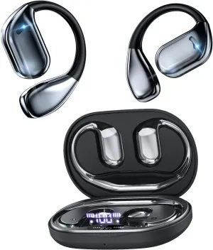 Open Ear Bluetooth 5.4 Headphones: IP55 Waterproof Sport Earbuds with Touch Control & LED Display, Ergonomic Air Silicone Ear Hooks for Secure Fit. Directional Audio for Running, Cycling and Workouts