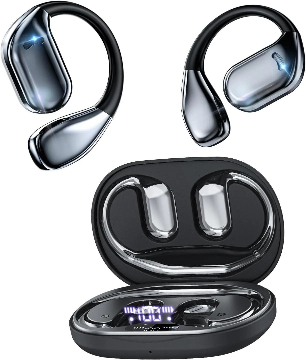Open Ear Bluetooth 5.4 Headphones: IP55 Waterproof Sport Earbuds with Touch Control & LED Display, Ergonomic Air Silicone Ear Hooks for Secure Fit. Directional Audio for Running, Cycling and Workouts