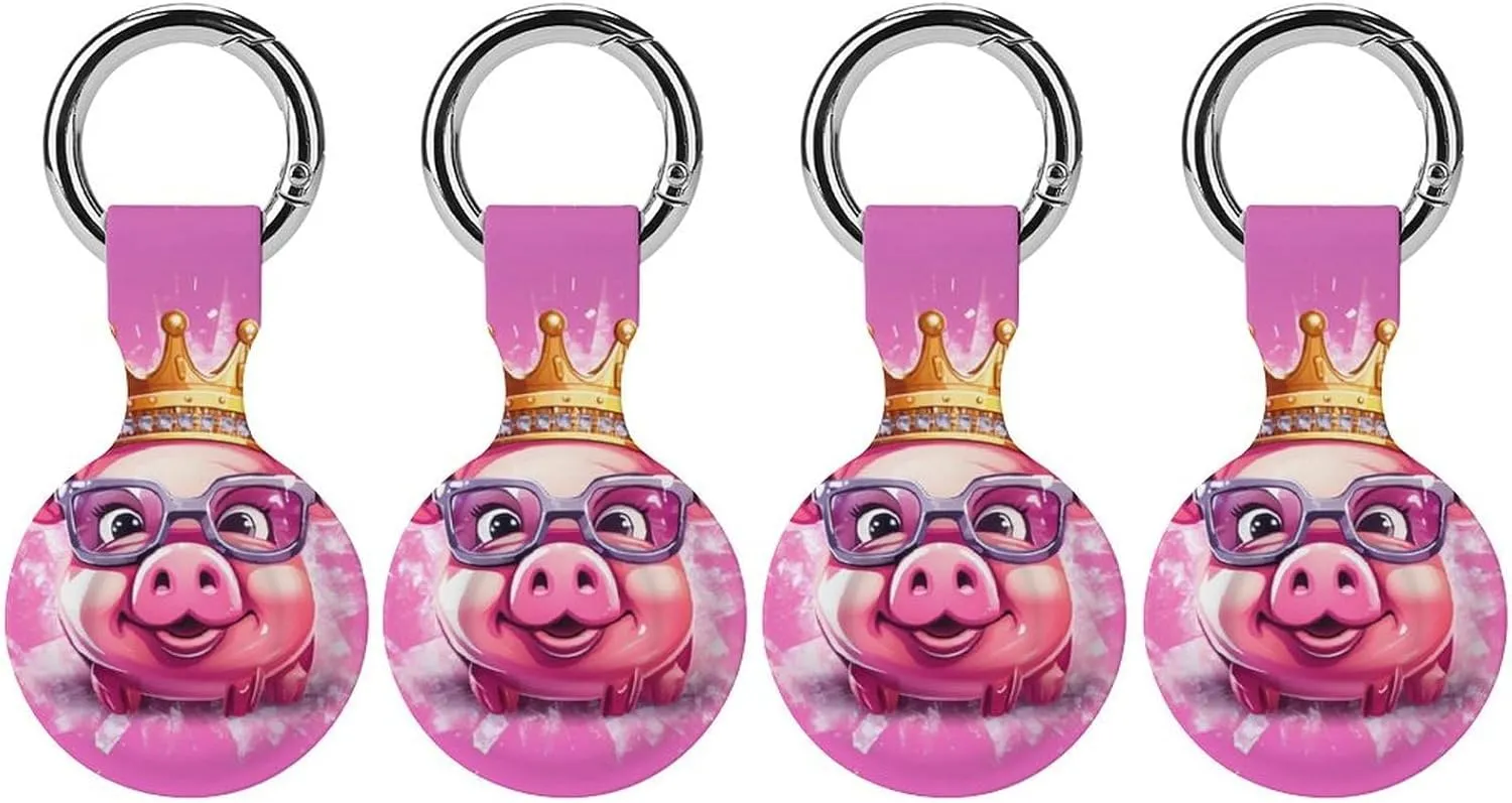 Pig Wearing Glasses Cute Animal Protective Case Compatible for Airtag Shockproof Case Cover Holder with Keychain 4PCS