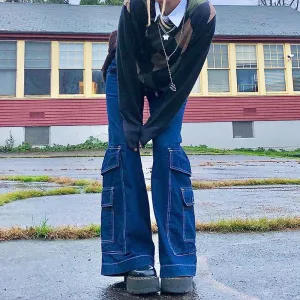 Pocket Detail Vintage Trendy Straight Leg Jeans
