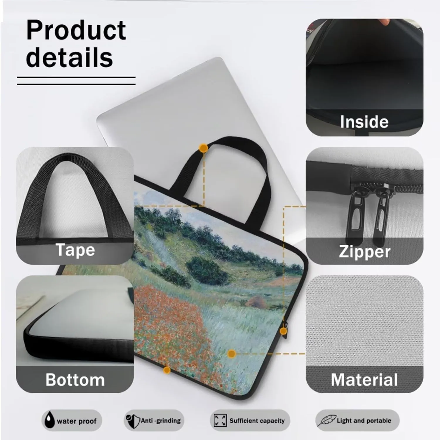 Poppy Field in a Hollow 2pcs Laptop Bag with Round Mouse Pad - Neoprene Laptop Carrying Case - Claude Monet Oil Painting Print Laptop Case with Handle - Laptop Briefcase Multicolor 13Inches