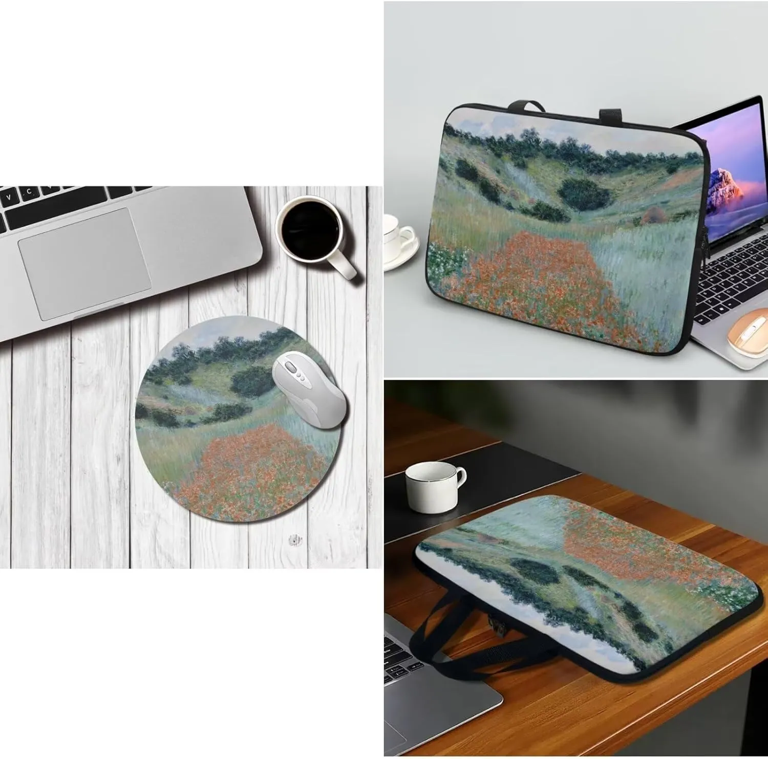 Poppy Field in a Hollow 2pcs Laptop Bag with Round Mouse Pad - Neoprene Laptop Carrying Case - Claude Monet Oil Painting Print Laptop Case with Handle - Laptop Briefcase Multicolor 13Inches