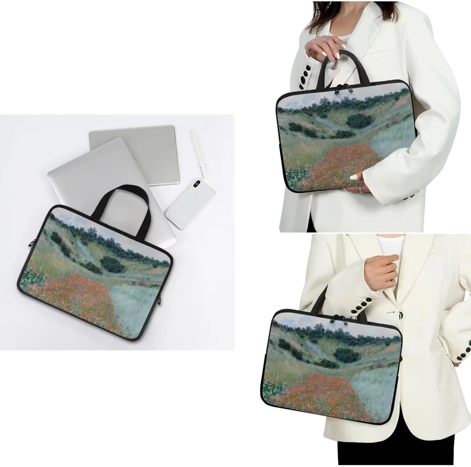 Poppy Field in a Hollow 2pcs Laptop Bag with Round Mouse Pad - Neoprene Laptop Carrying Case - Claude Monet Oil Painting Print Laptop Case with Handle - Laptop Briefcase Multicolor 13Inches