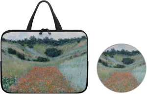 Poppy Field in a Hollow 2pcs Laptop Bag with Round Mouse Pad - Neoprene Laptop Carrying Case - Claude Monet Oil Painting Print Laptop Case with Handle - Laptop Briefcase Multicolor 13Inches