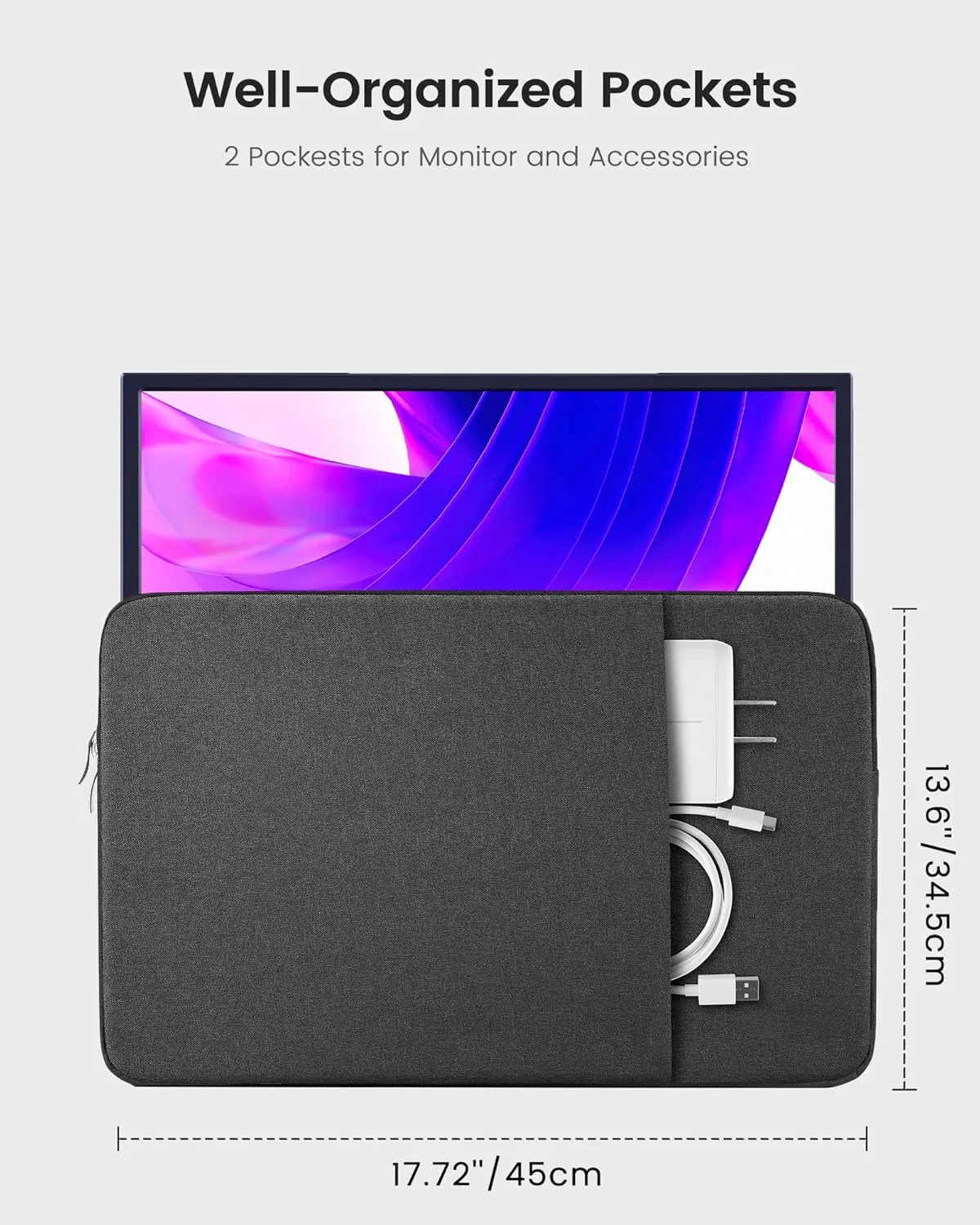 Portable Monitor Case 18'' Protective Carrying Sleeve for Most Portable Monitors,Water Resistant Portable Display Bag with Accessory Pocket