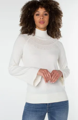 Portia Porcelain Flair Sleeve Funnel Neck Sweater with Pointelle Stitching - Liverpool Los Angeles LM8822SW56