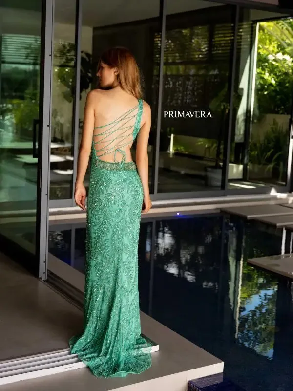 Primavera Couture 4101 Long Prom Dress Sequin Beaded Fringes Corset One Shoulder Fitted Cut Out Formal Pageant Gown