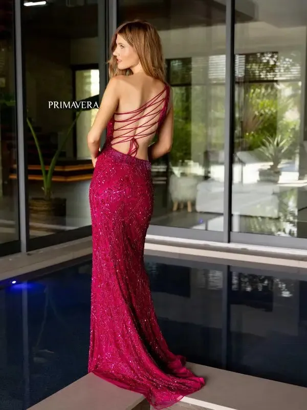 Primavera Couture 4101 Long Prom Dress Sequin Beaded Fringes Corset One Shoulder Fitted Cut Out Formal Pageant Gown